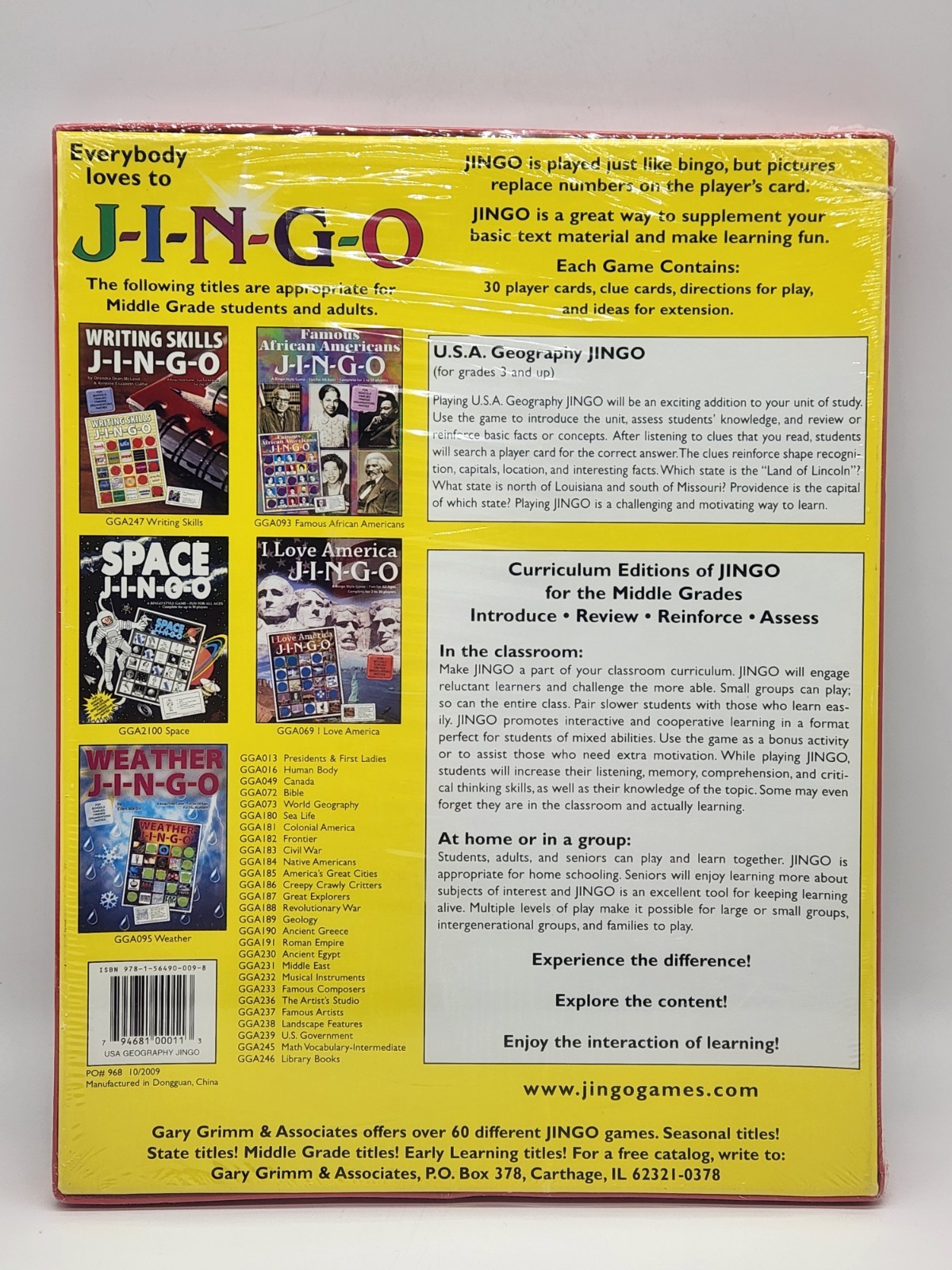 JINGO USA Geography Educational Bingo Style Game Gary Grimm & Associates