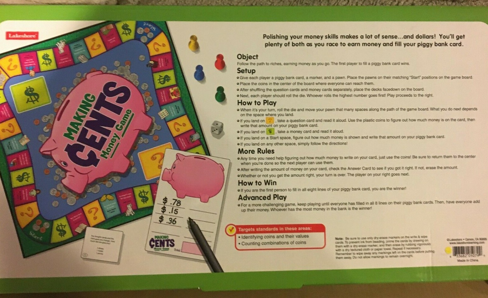 Lakeshore Educational Making Cents Money Game-Realistic Coins Count Cash HTF