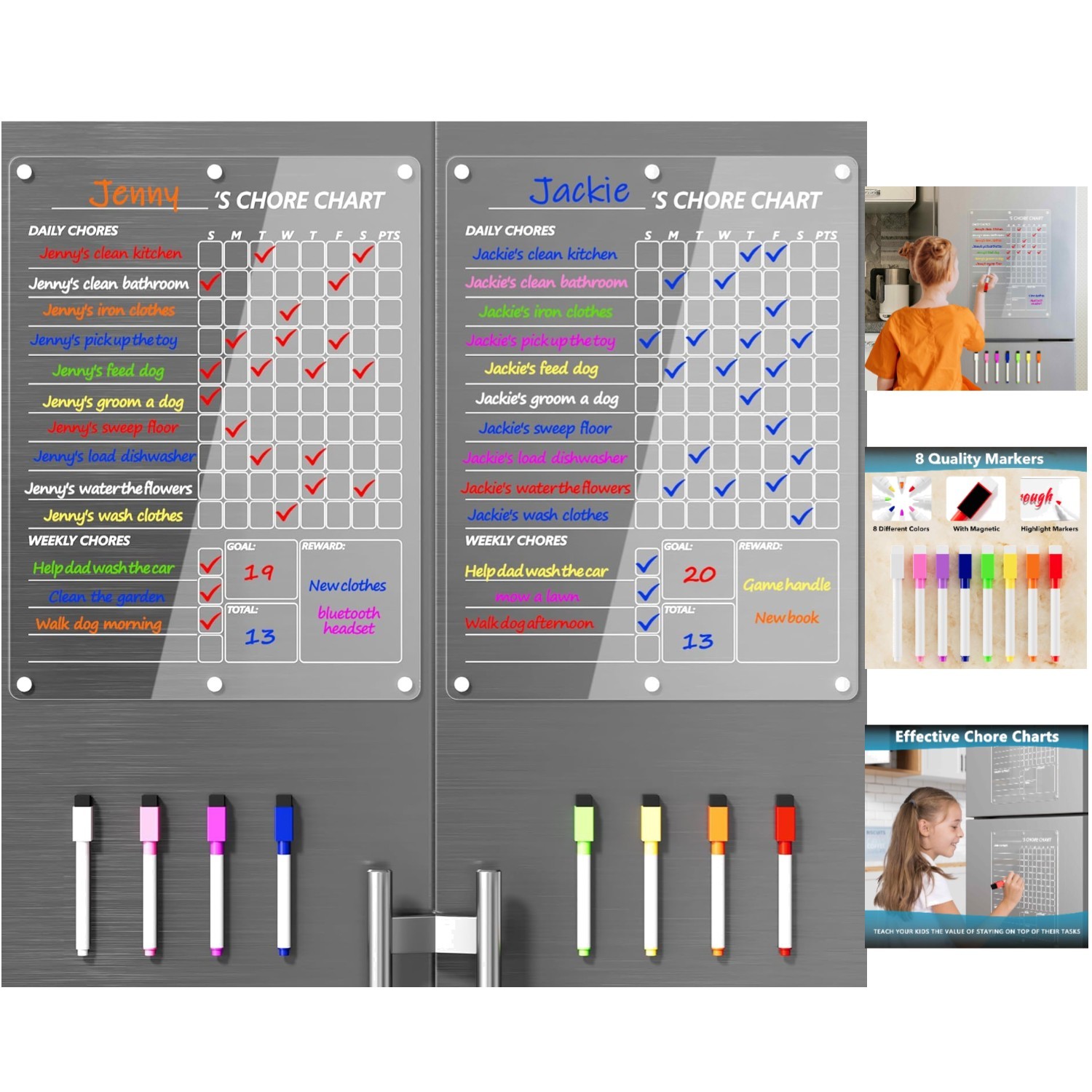 Engaging Chore Chart with 8 Color Markers – Acrylic Magnetic Whiteboard 15″x11″