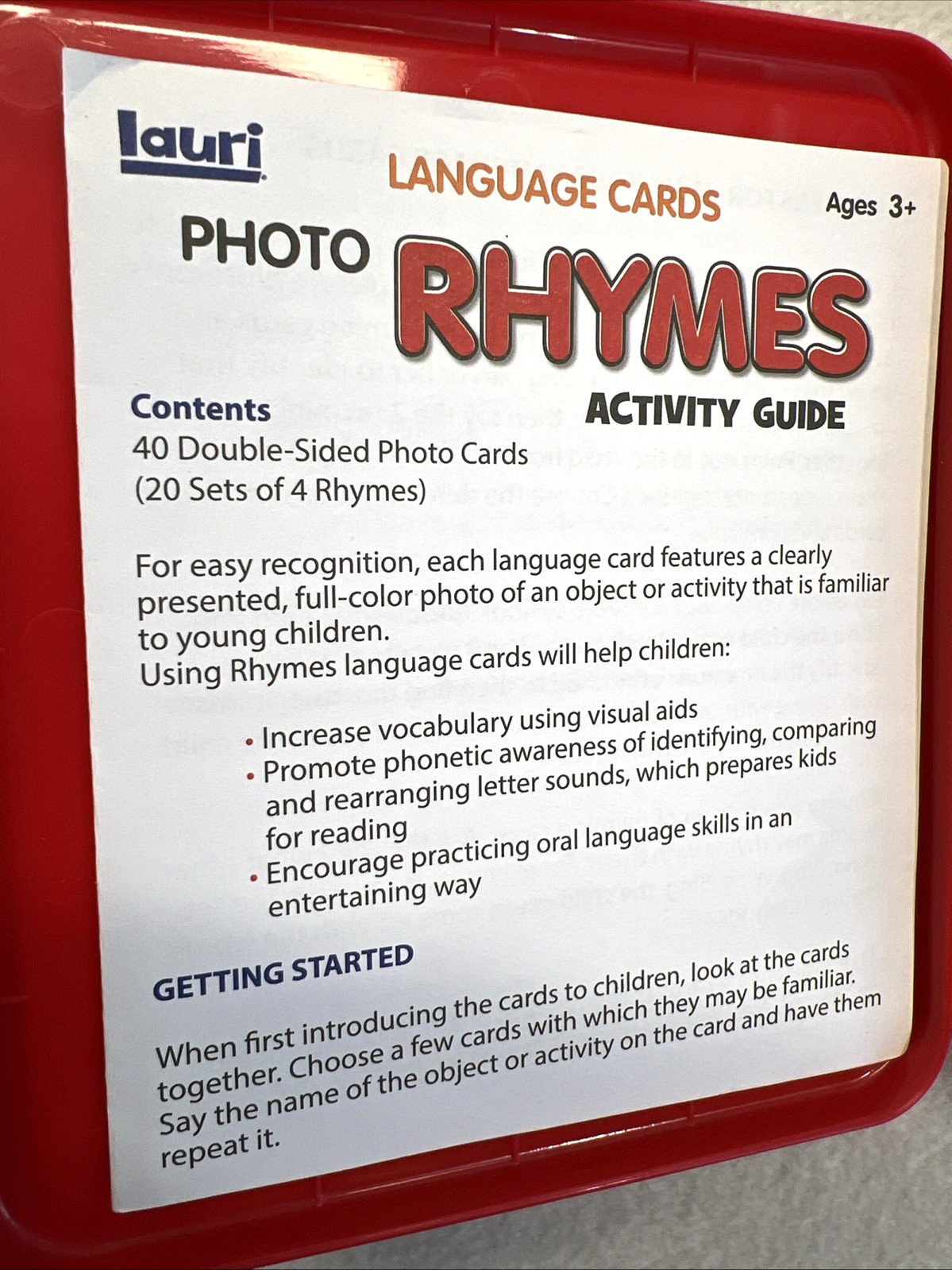 Lauri Photo Rhymes w/40 Playing Cards & Activity Guide w/Storage Box EUC