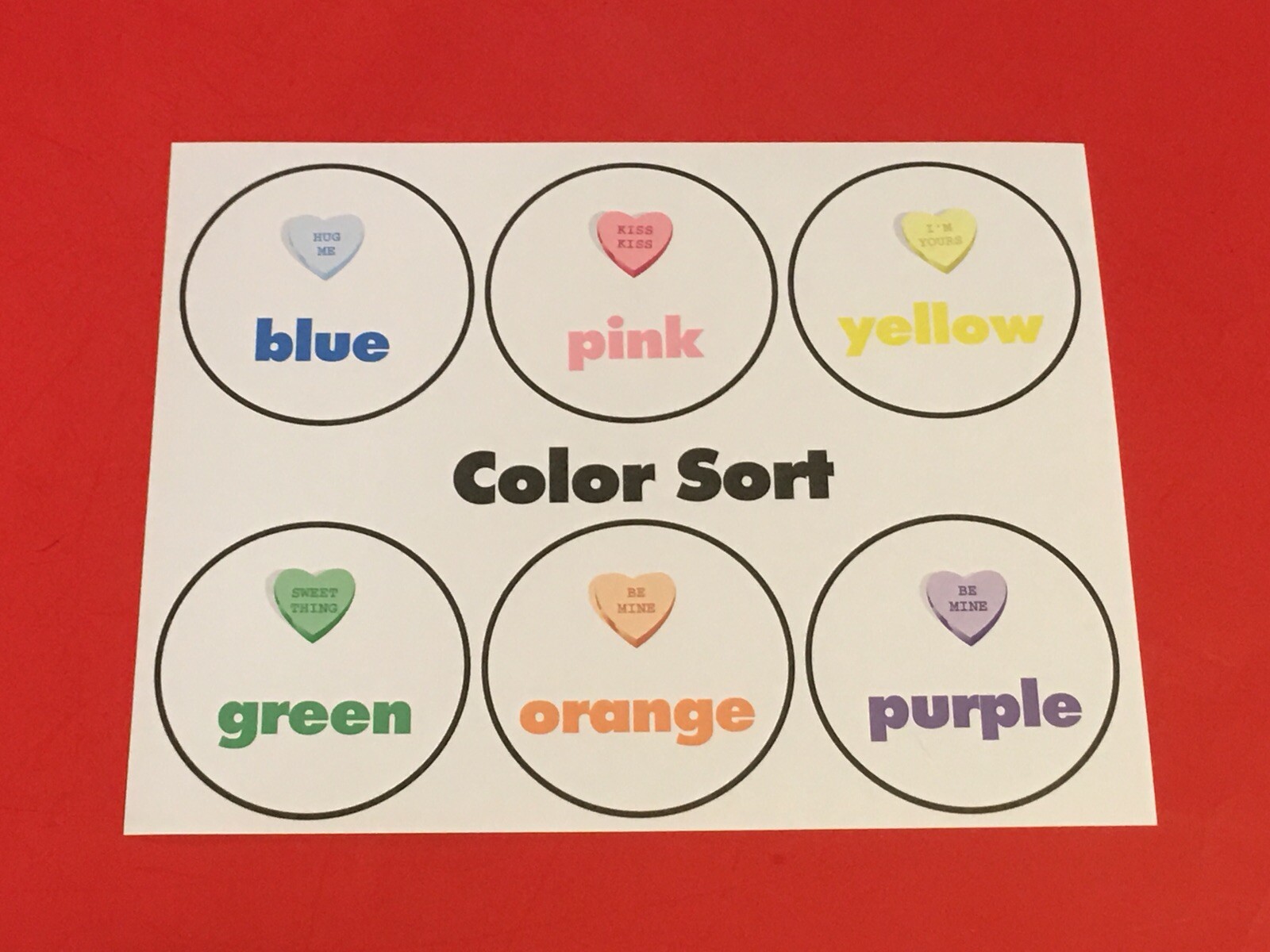 Valentine Hearts Color Sort Learning Mat – Laminated – Pre school Kindergarten