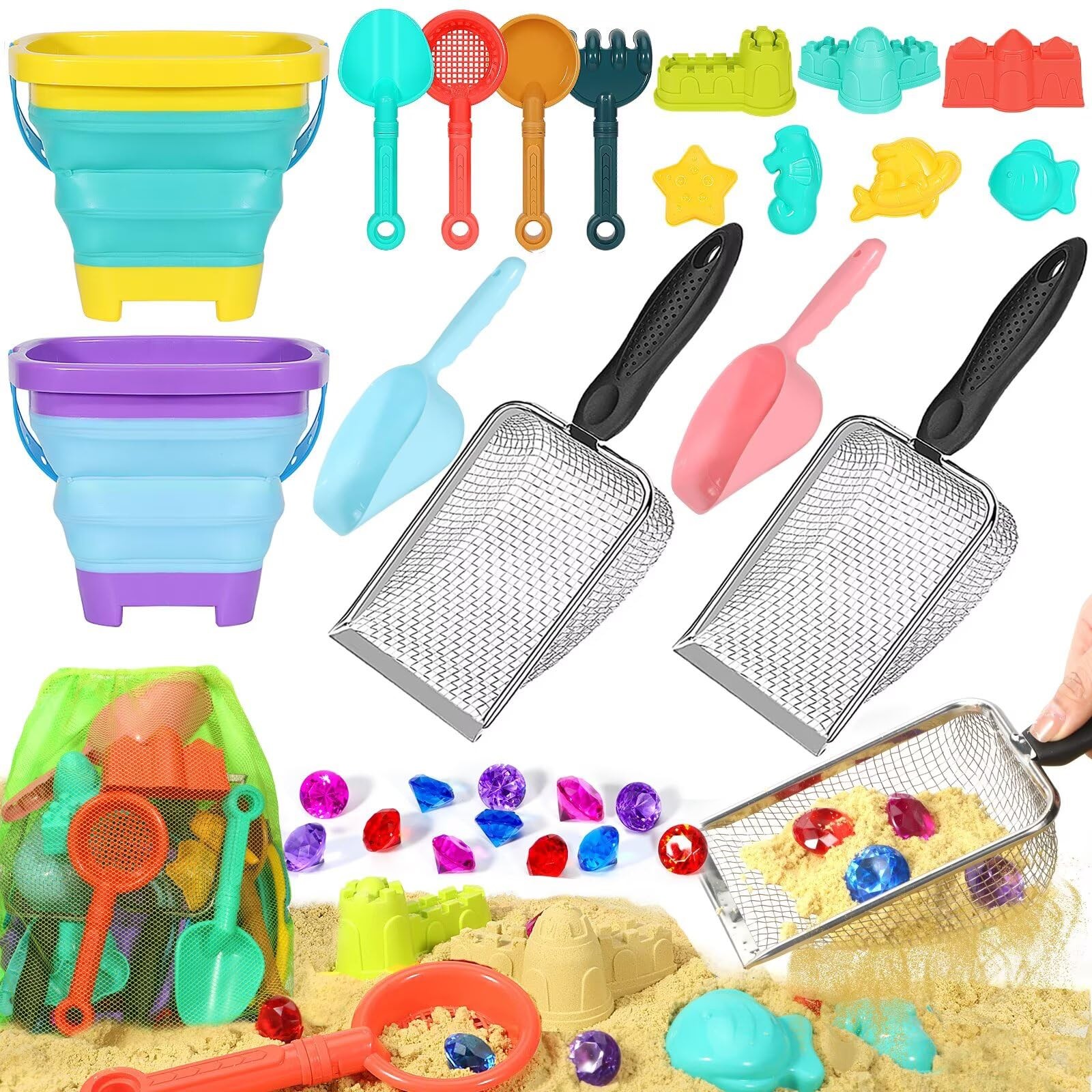 Beach Sand Toys for Kids,Sand toys with 2 Large, Pink, Yellow, Blue, Purple