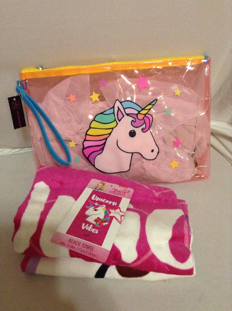 Unicorn Cotton Beach Towel (28X58) and Clear Plastic Jelly Pouch Pink(13.5X9.5)