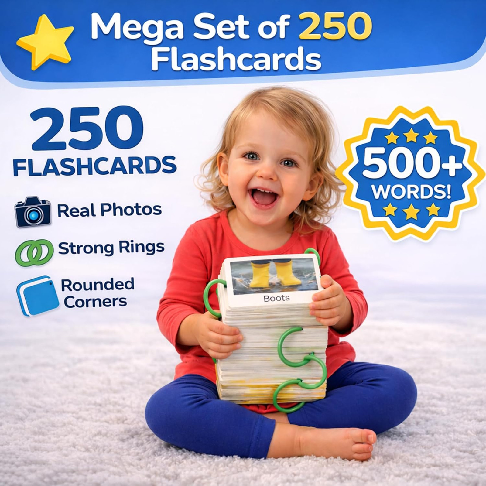 Learning Flash Cards for Toddlers 1-3 Alphabet Sight Words Sturdy Rings 250 Pack