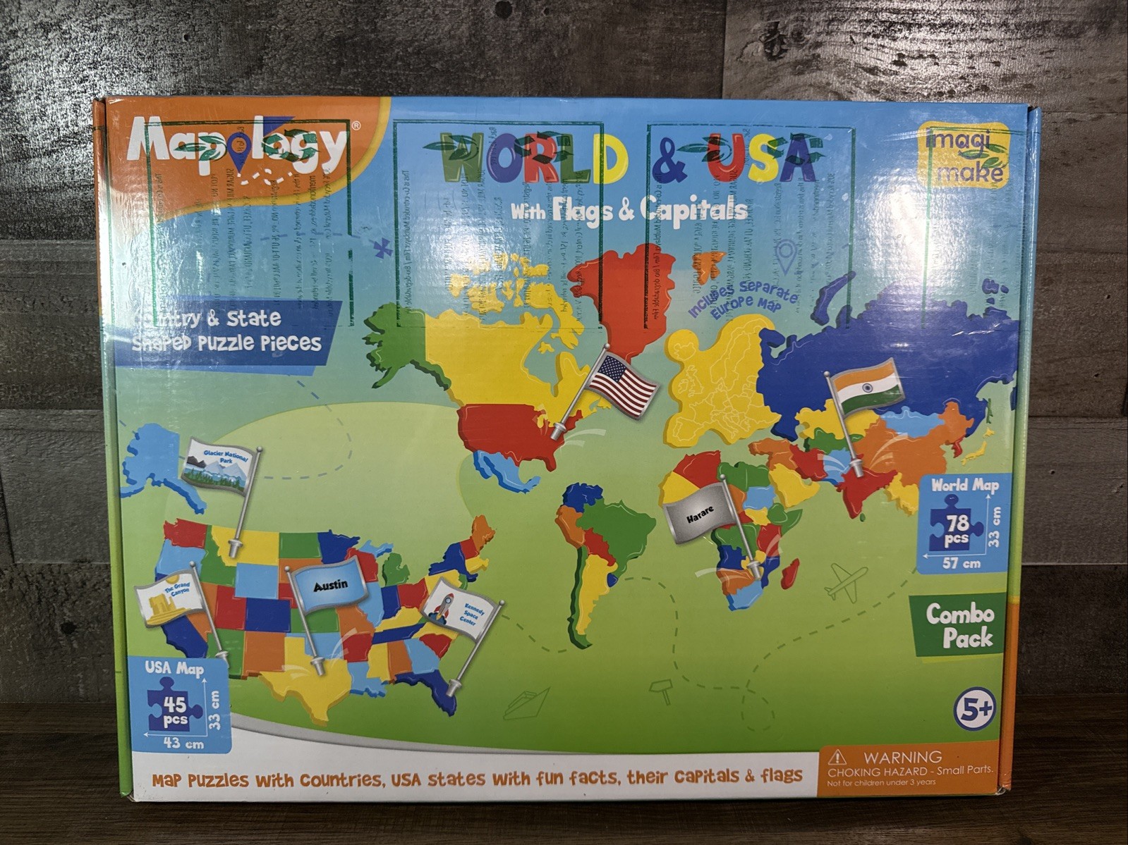 Mapology / USA & World Map Puzzle with Flags, Capitals, Stickers / New & Sealed