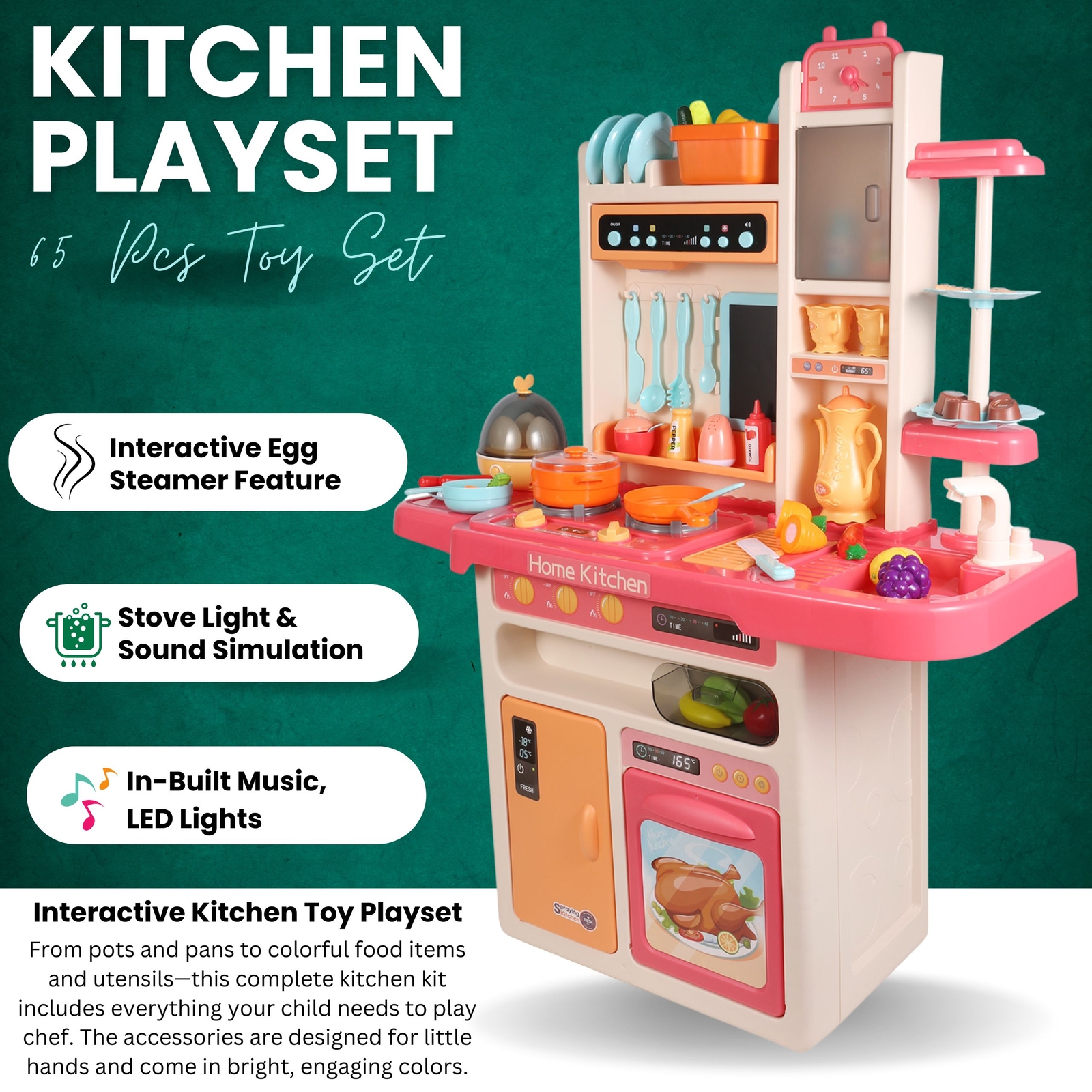 Interactive Kids Kitchen PlaySet with Steam, Light, Music & 65 Pcs Accessories