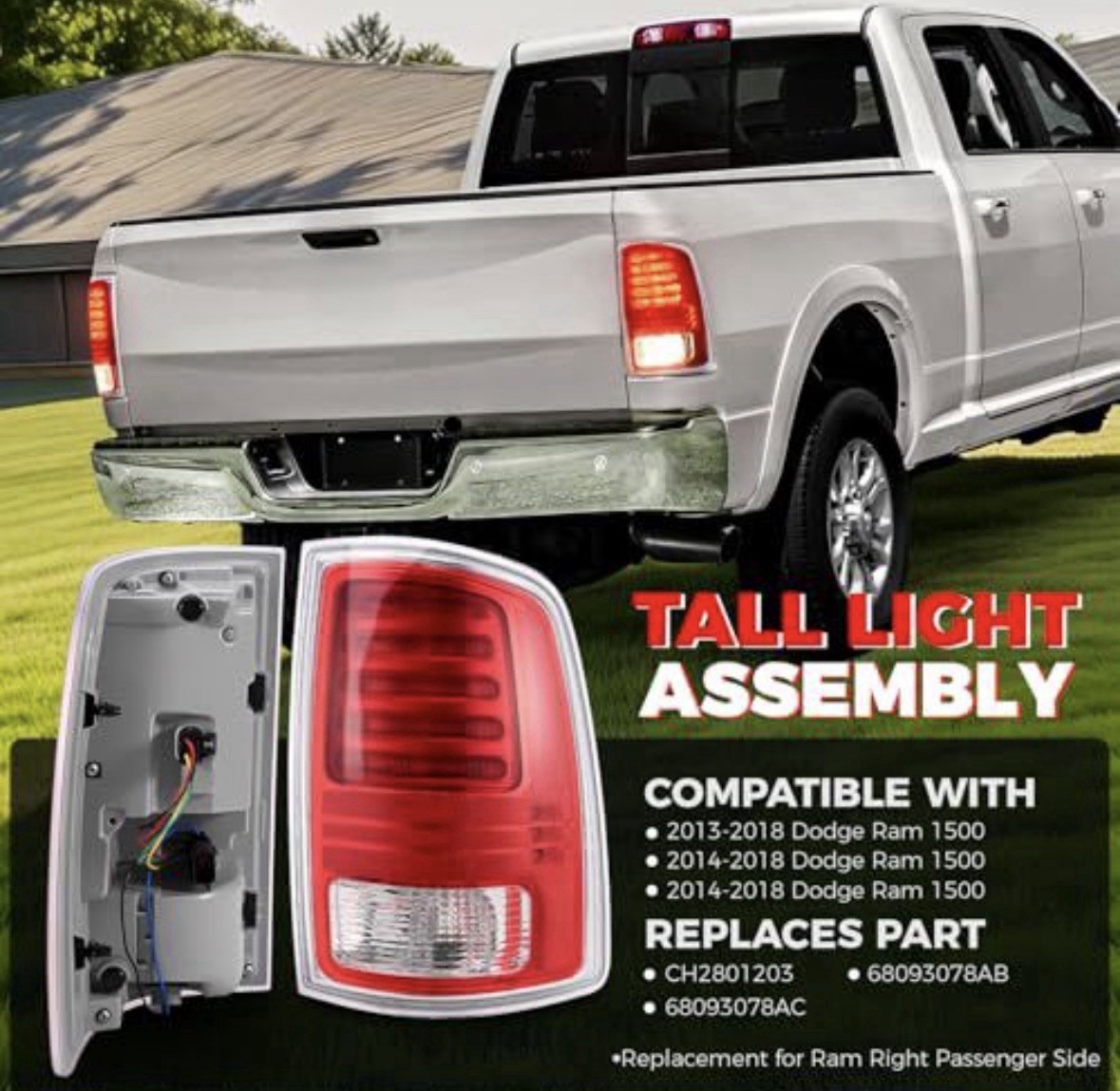 Ram 1500 Tail Light Assembly Compatible with 2013-2018 Right Passenger Side