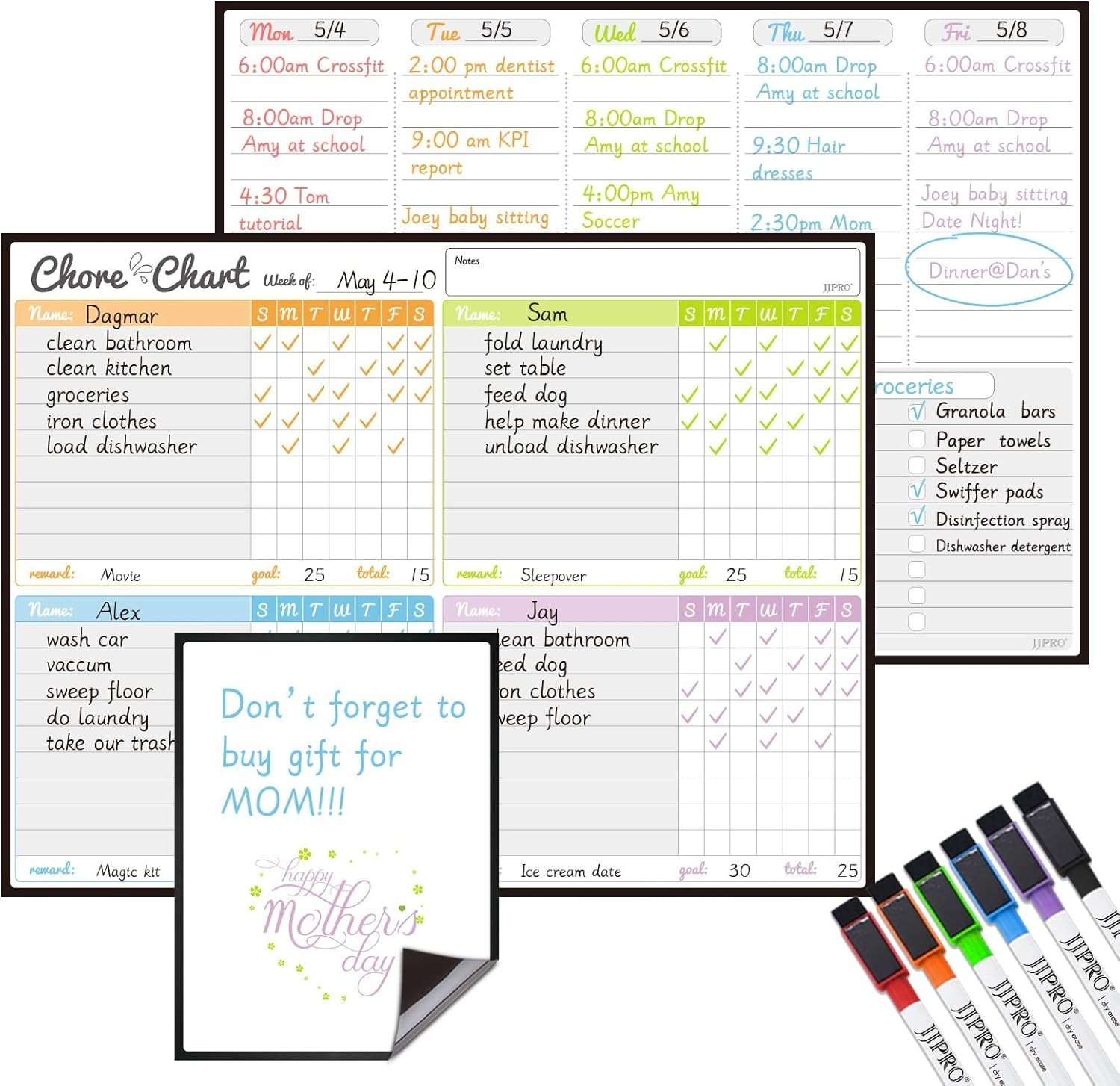 Family-Friendly Magnetic Chore Chart and Planner – Bonus Erase Markers Included