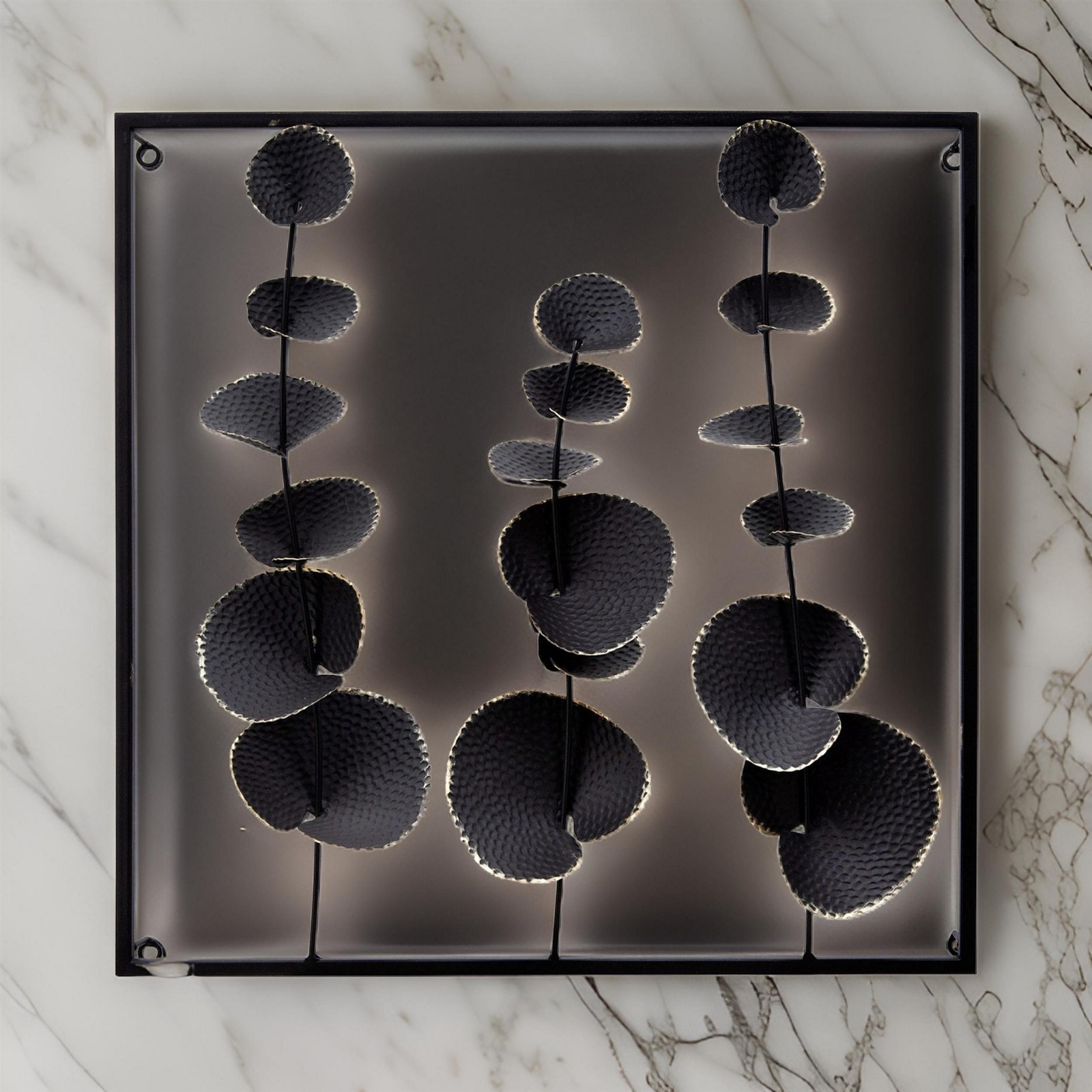Wall Decor with Textured Leaves and Metal Frame in Black