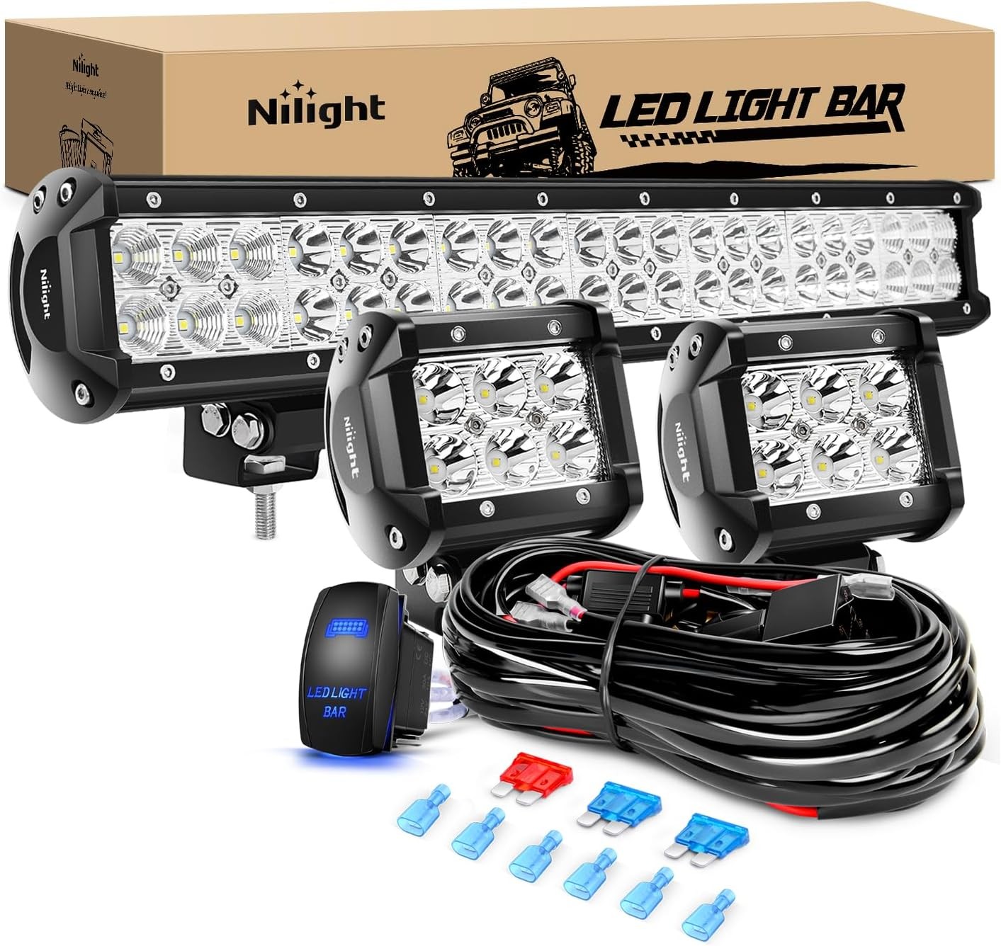 Nilight 20 Inch126W Led Light Bar Spot Flood Combo 2PCS 4 Inch 18W Led Pods Floo