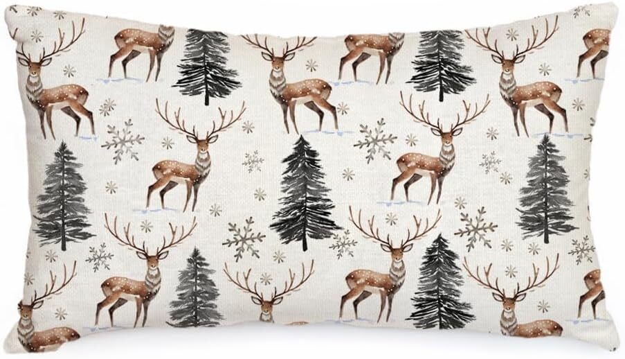 AACORS Winter Pillow Cover 12×20 Inch Reindeer Trees Snowflake Decoration