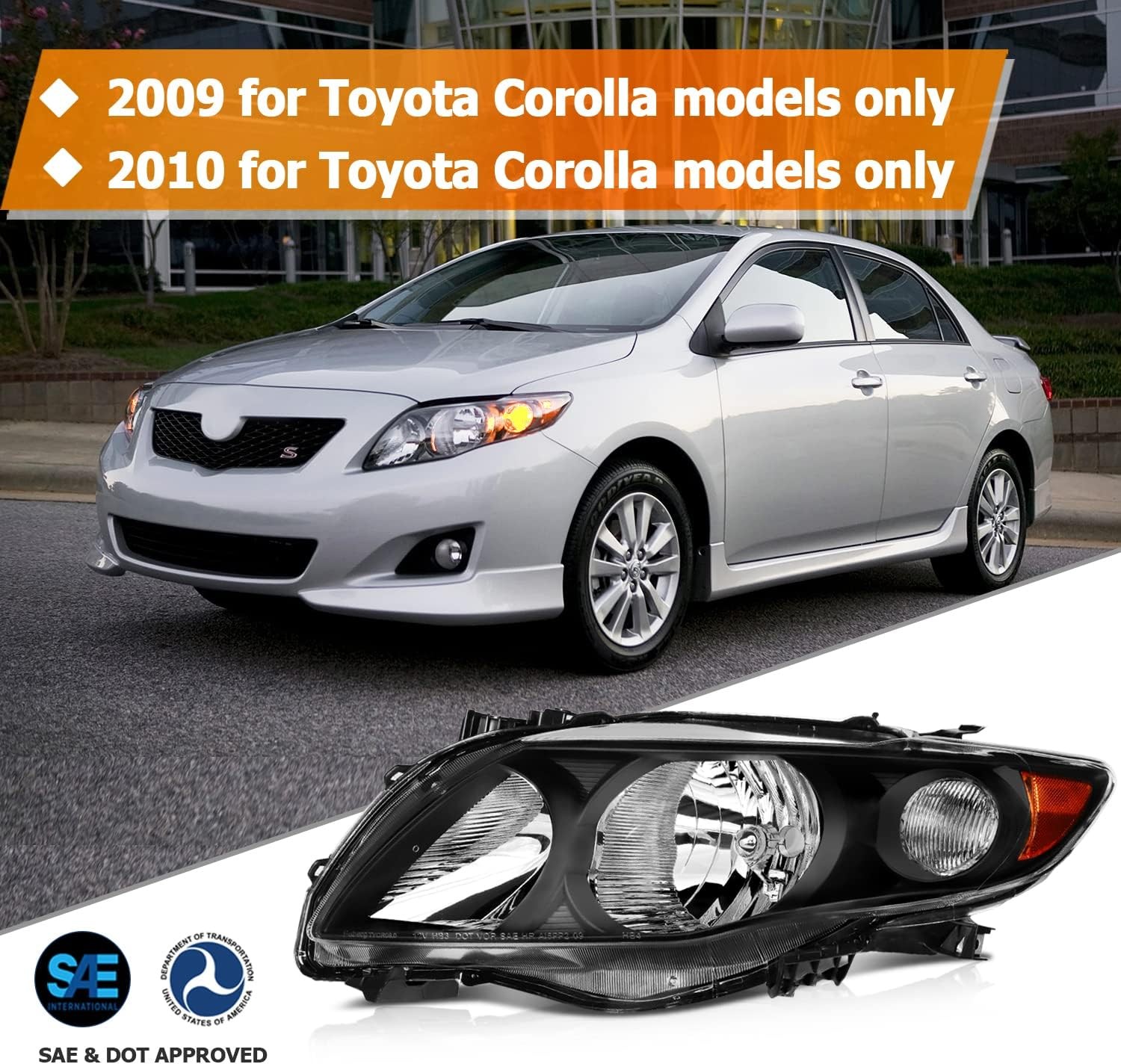 Headlight Assembly for Toyota Corolla 2009 2010 Black Housing Amber Reflector…