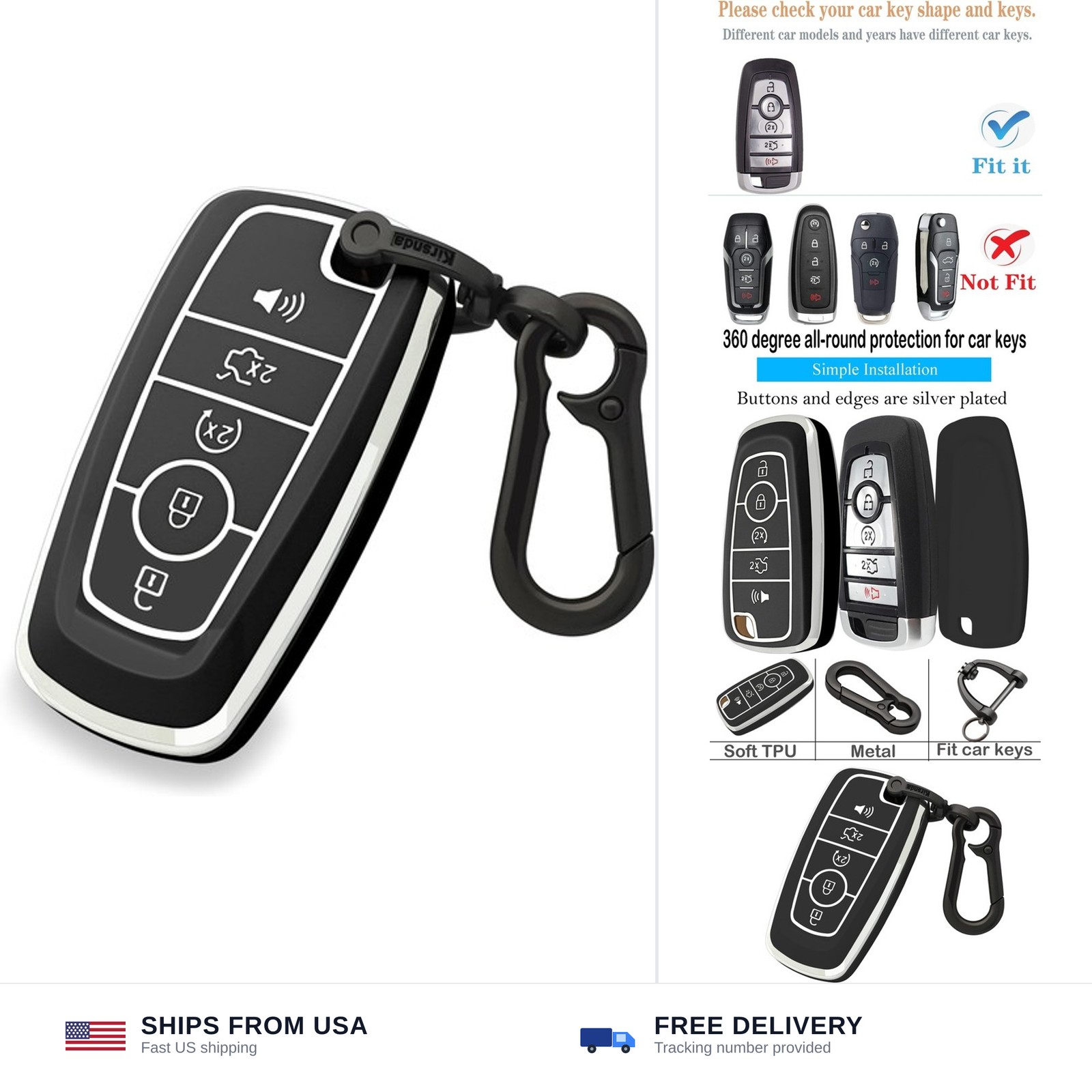 Kirsnda Key fob Cover case Keychain Compatible with Ford,Soft TPU Key case fi…