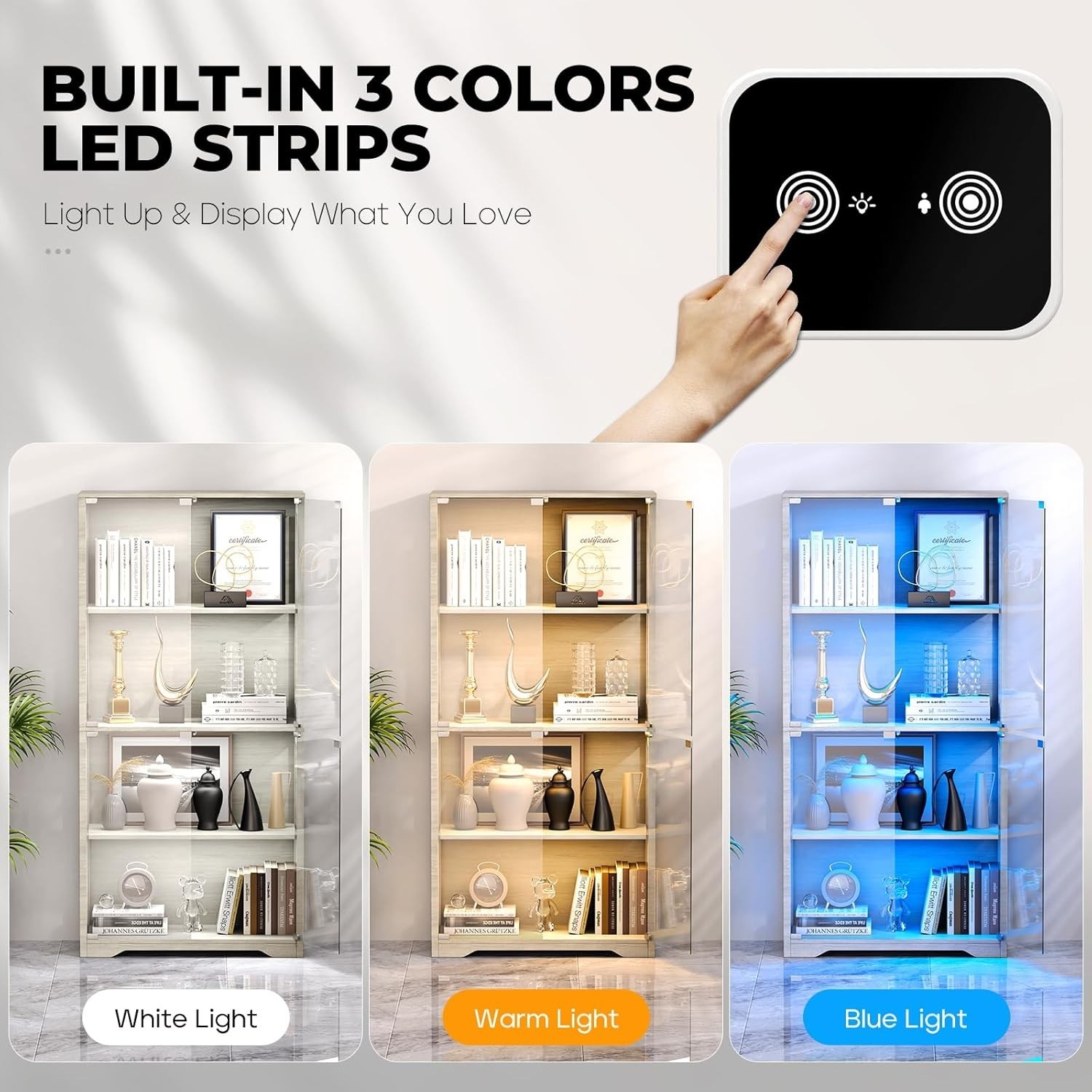 Display Cabinet with Glass Doors, 4-Tier Curio Cabinet with 3 Color Lights for