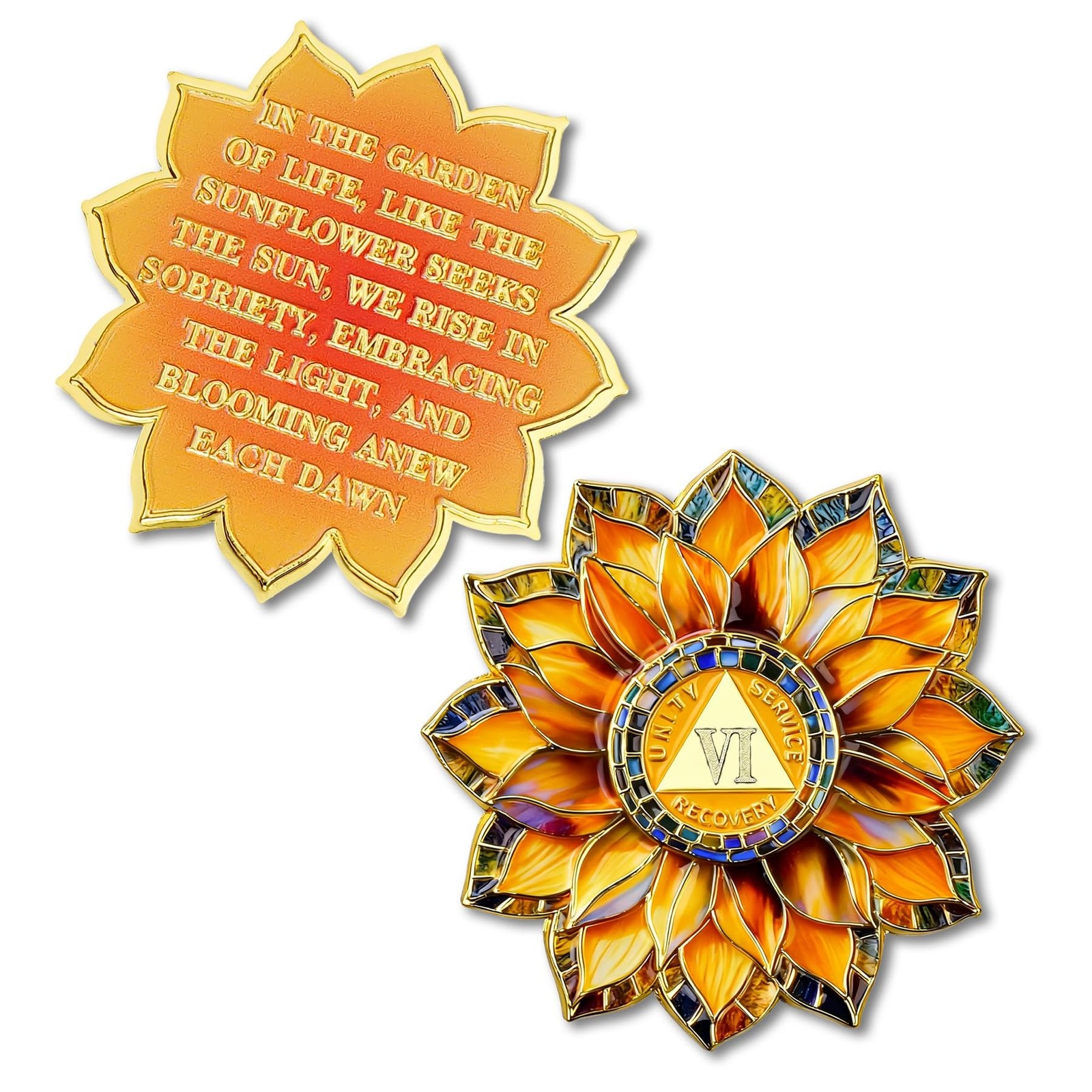 Sunflower 6 Year Sobriety Coin – Colorful Glass Broken and Rebuilt AA Coins -…