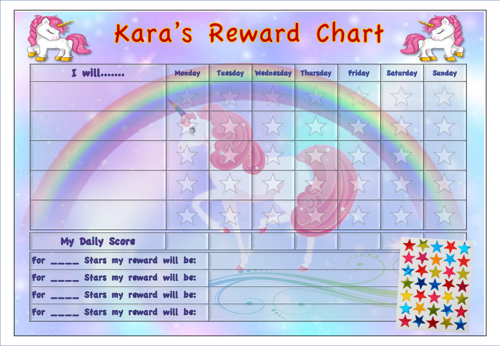 Reusable Good Behaviour Reward Chart Personalised Childrens Kids Stars Unicorn