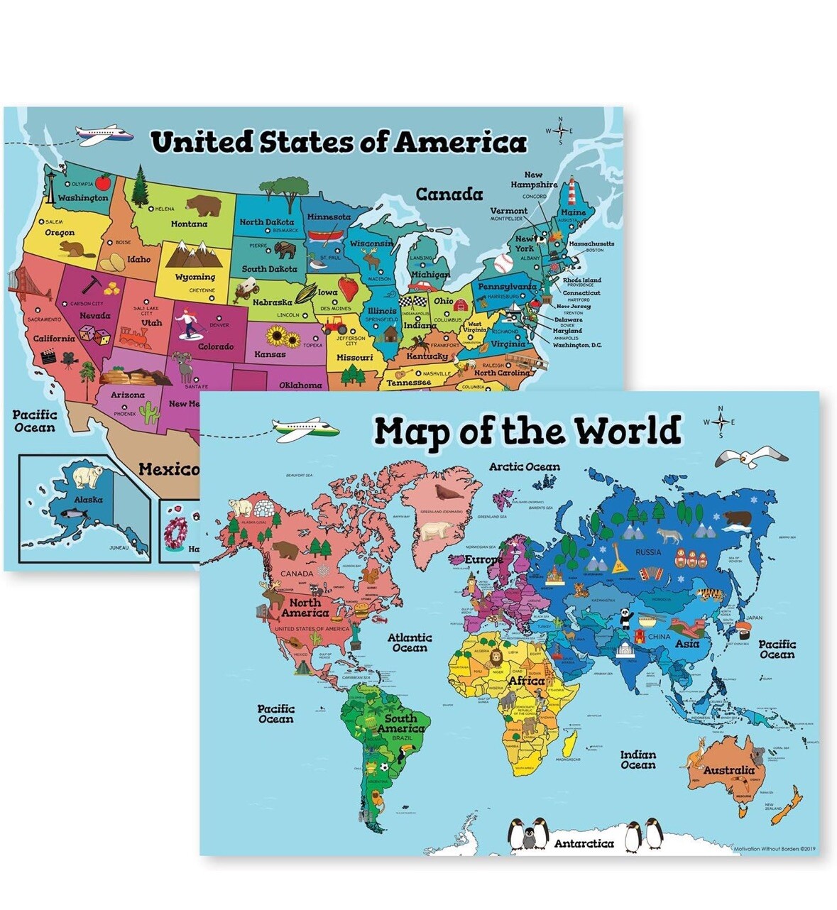 World Maps Posters for Kids- Waterproof 24×16 Inch 2 Pk