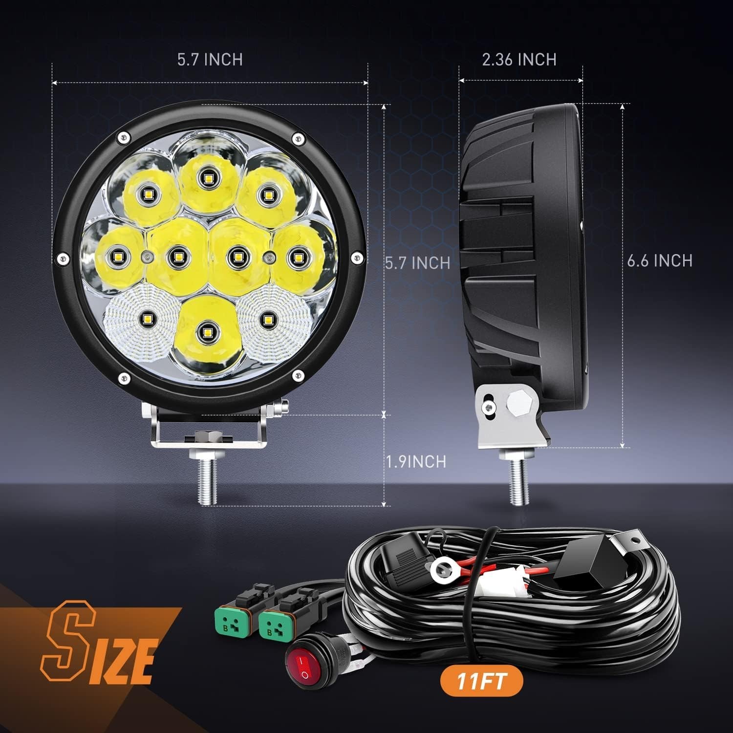 5.7 Inch Round 50W LED Driving Light w/ 16AWG DT Connector Wiring Harness 6500LM