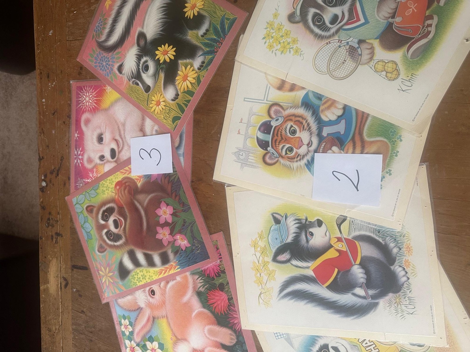 Vintage K. Chin, Animal Prints, 1970s, Nursery Art, Set of 4, Assorted