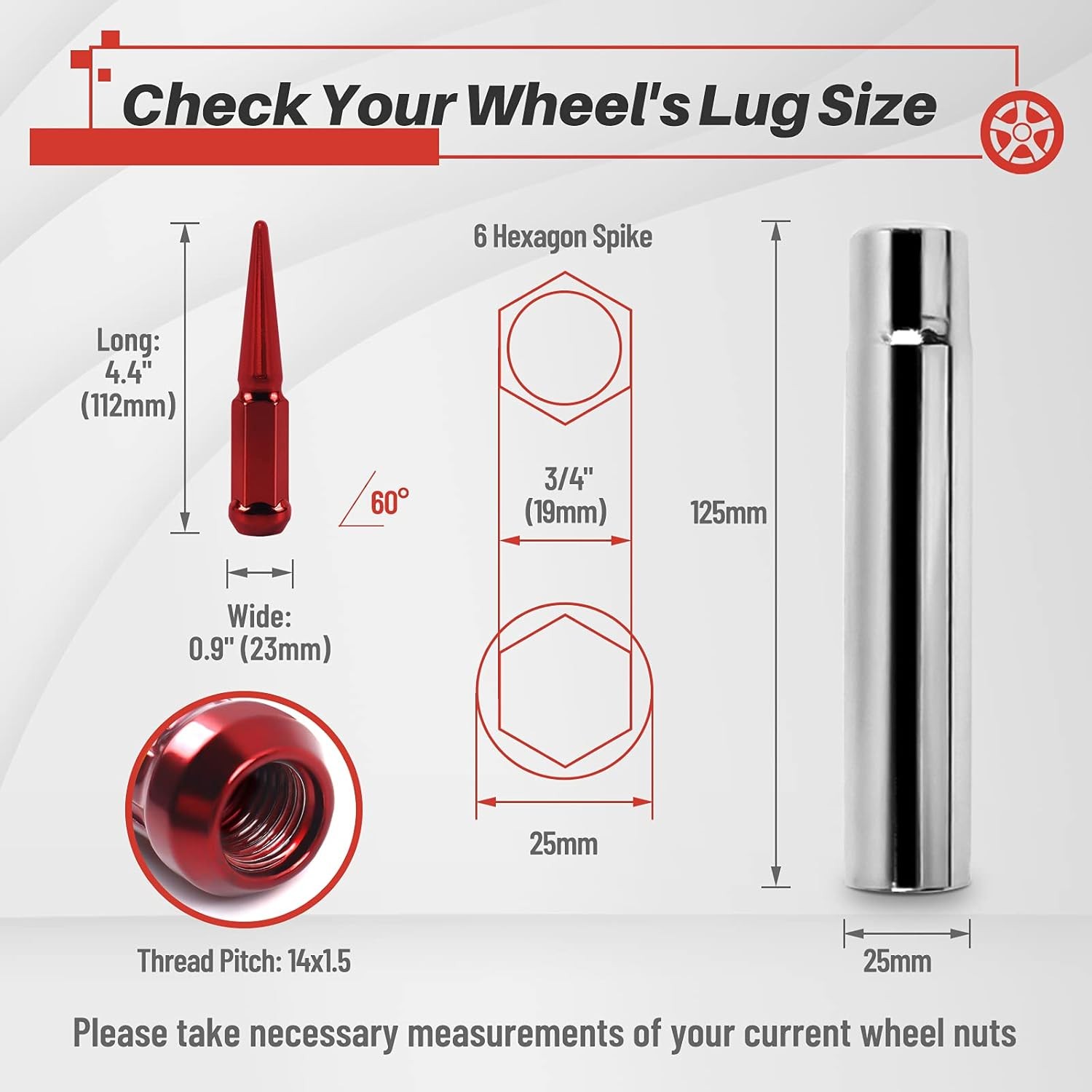 MIKKUPPA M14x1.5 Spike Wheel Lug Nuts, 24pcs Red 14mmx1.5 Soild 4.4″ Tall with 1