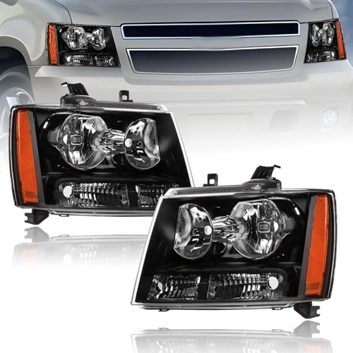 Headlights for 2007-2013 Chevy Tahoe Avalanche Amber Reflector & Black Housing