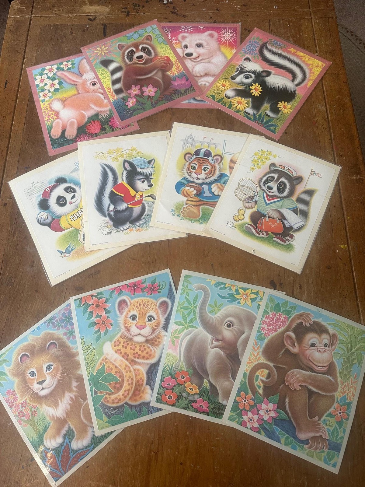 Vintage K. Chin, Animal Prints, 1970s, Nursery Art, Set of 4, Assorted