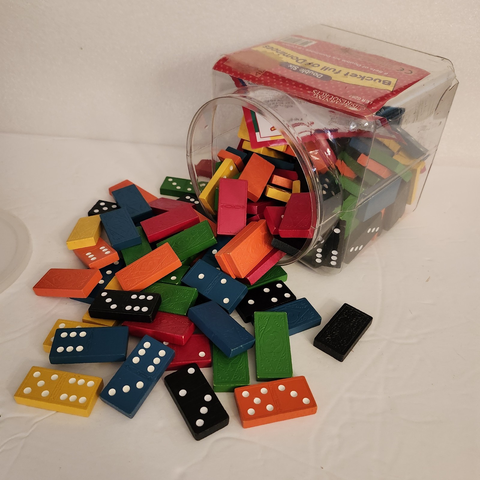 Vtg Bucket Full Of Dominoes By Learning Resources Complete 6 Sets 6 Colors