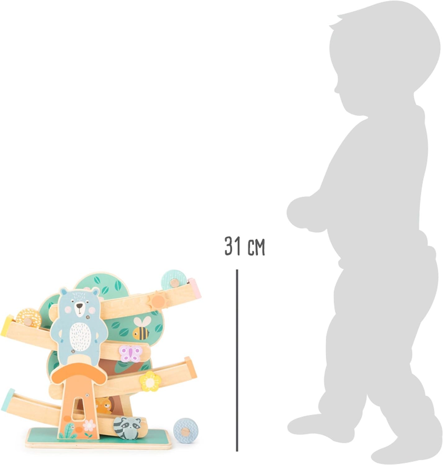 Small Foot 11473 Wooden Marble Run, on 3 wheels and including animals and flower