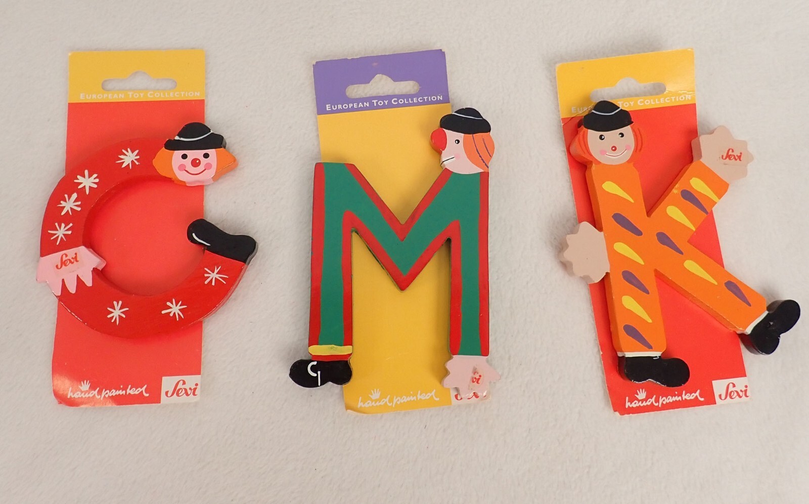 3 Sevi Hand Painted Wood Alphabet Letters VTG NOS Orange “K” Red “C” & Green “M”