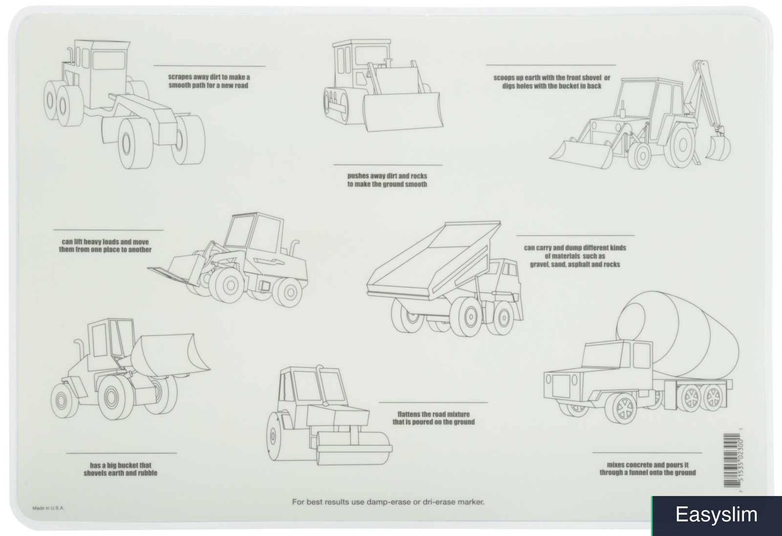 Construction Vehicles Laminated Placemat, Educational 12 x 17.5 Inch