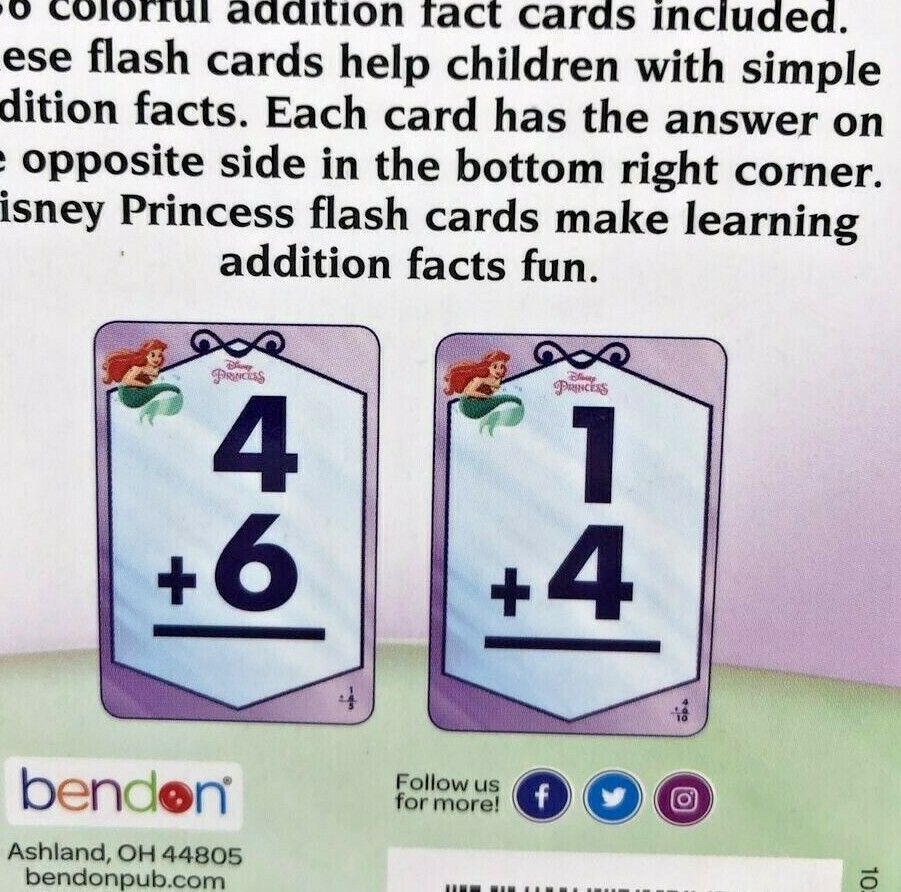 Lot of 3 Disney Princess Learning Flash Cards, Addition, Subtraction, Numbers &