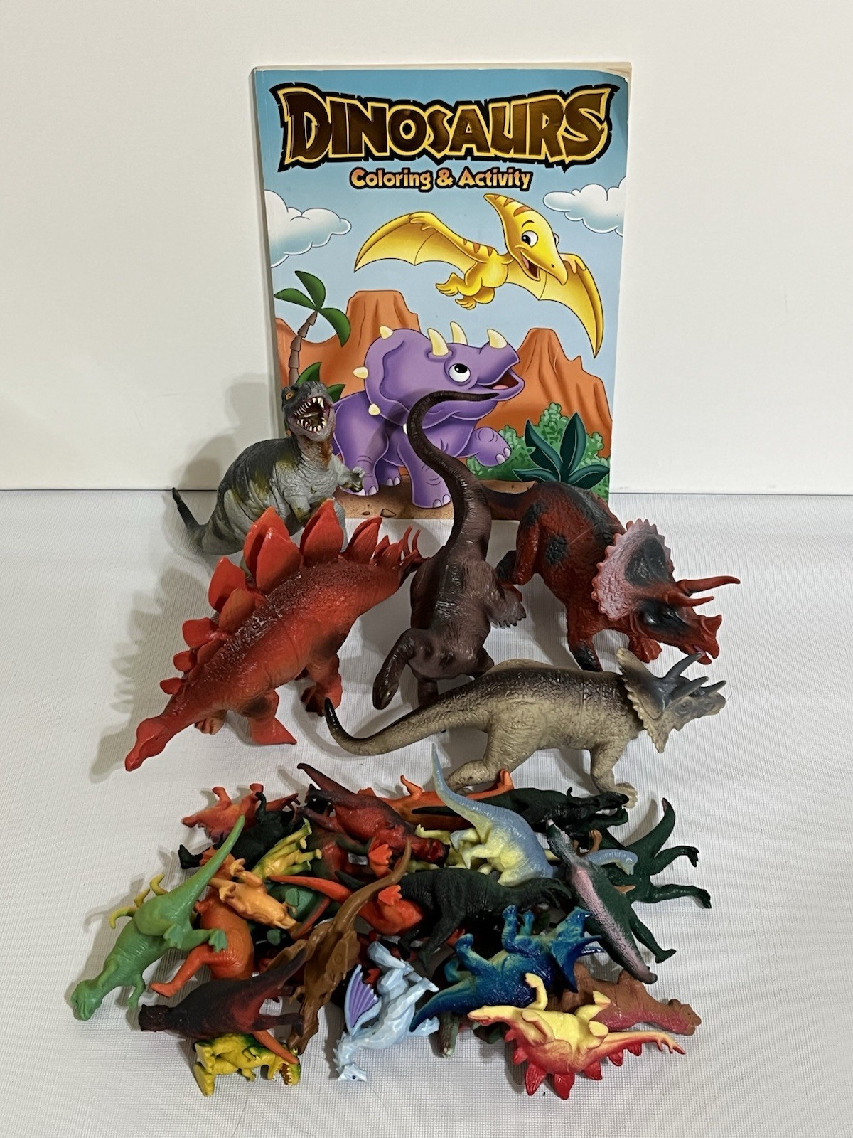 Lot of 35 Vintage Dinosaurs 5 Large 30 Small Plastic Toys + Coloring Book