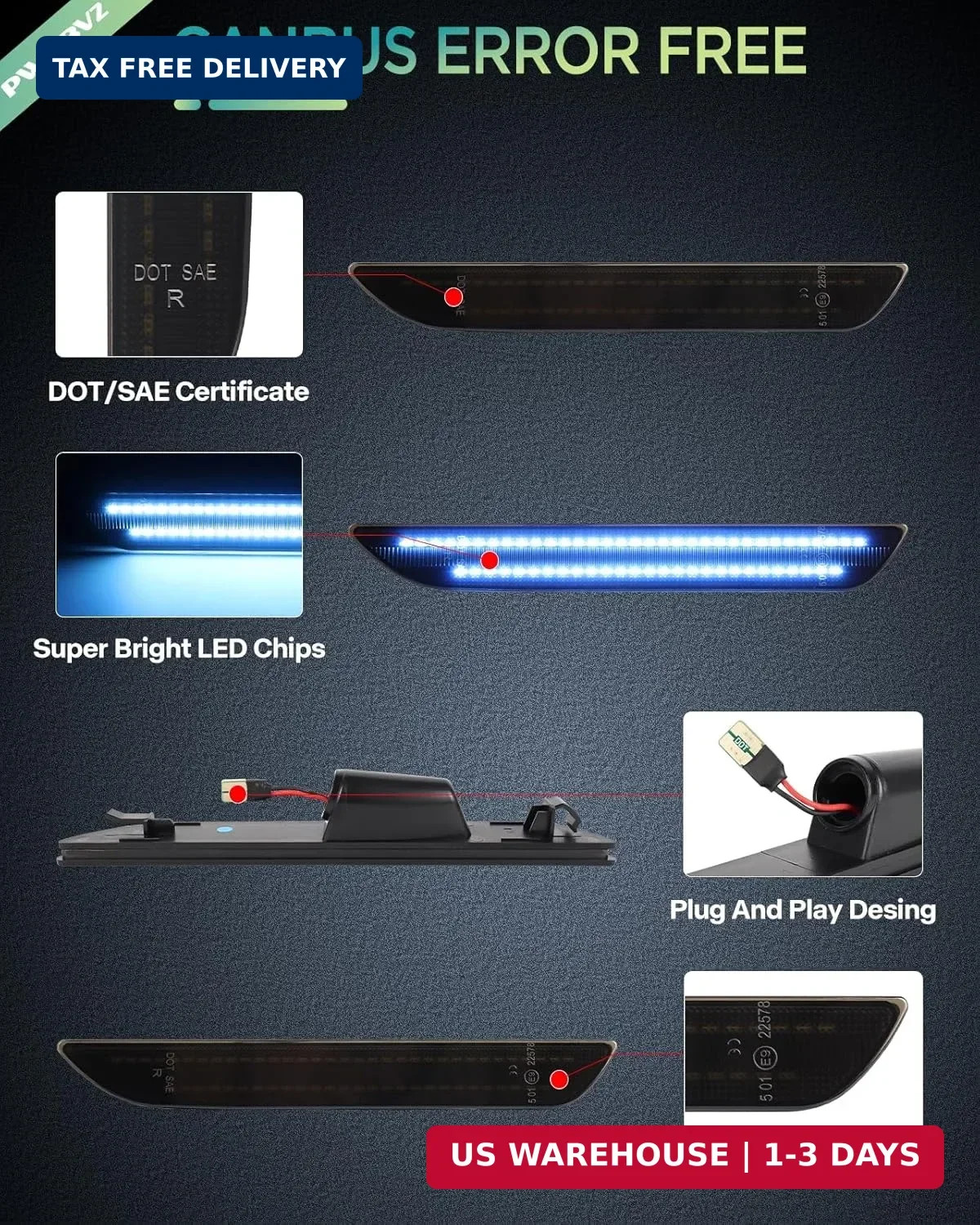 Rear Blue Side Marker Lights for Ford Mustang 2015 2016 2017 2018 2019 2020 2021