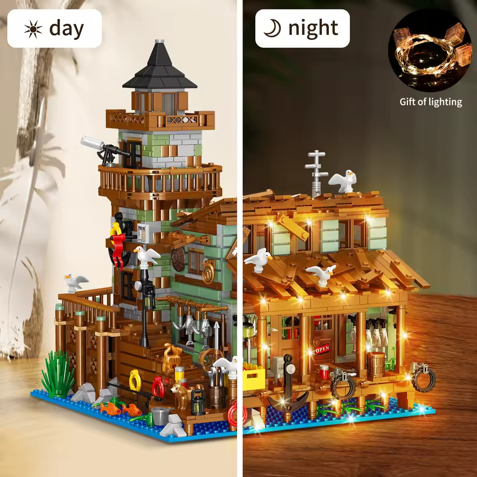 1881PCS Creative Fishing Village Cabin Building Blocks Seaport Wood House Assemb