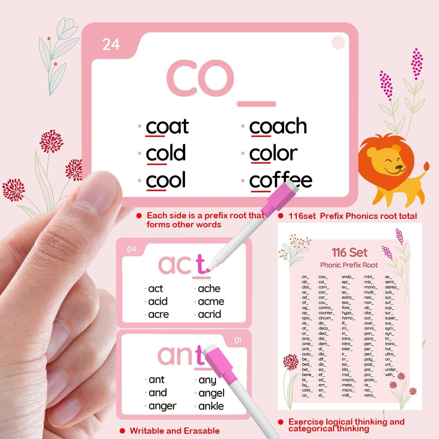 Durable Phonics Prefix Flash Cards Set – 116 Cards for Ages 4-12 Learning