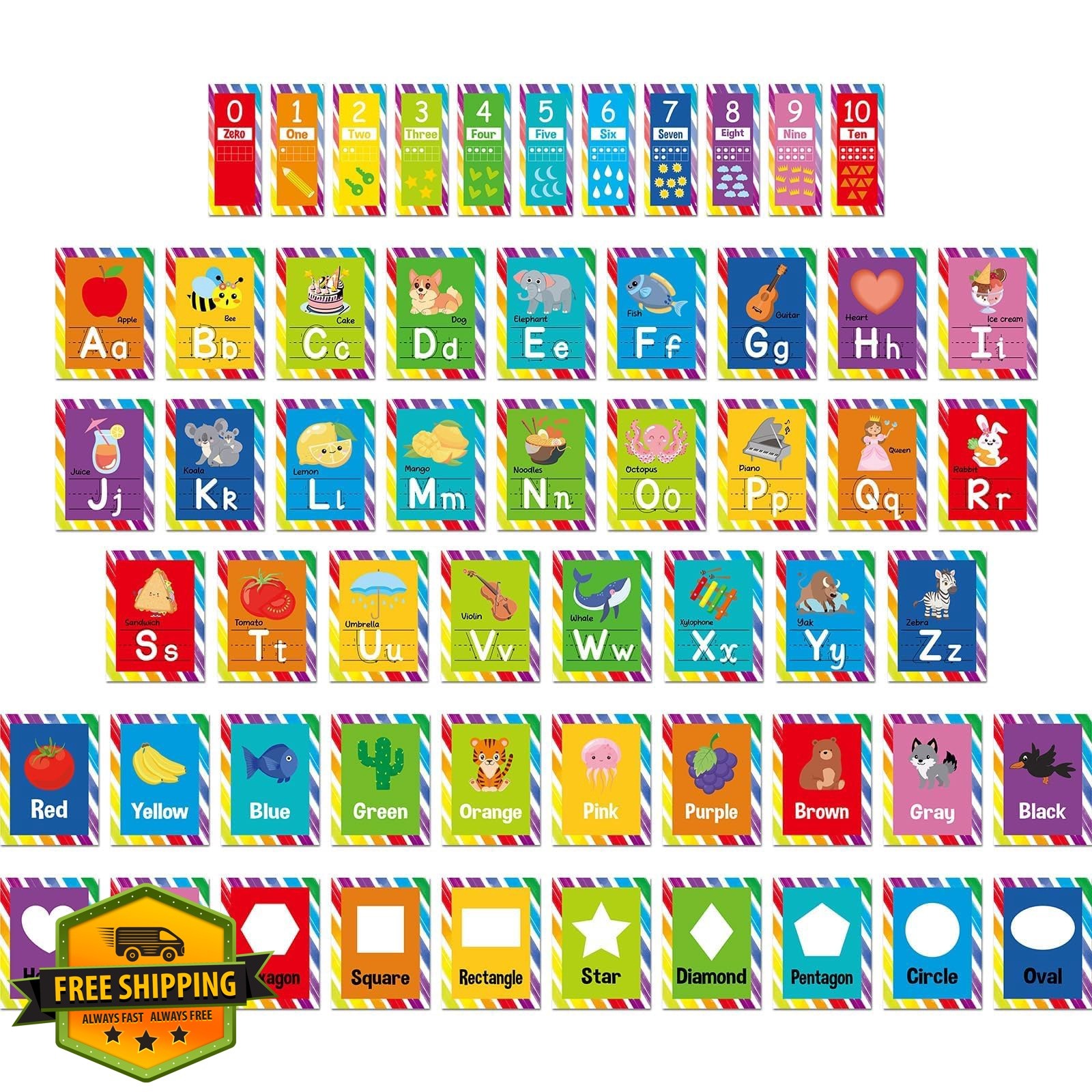 Yakydesign Alphabet Posters ABC Numbers Colors Shapes Diagonal Stripes