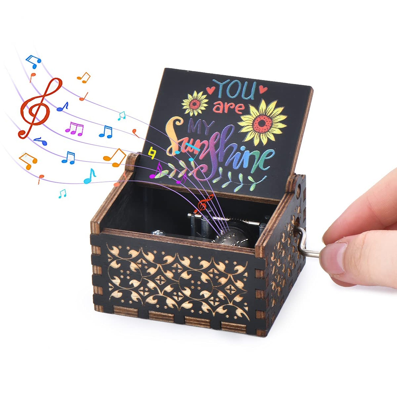 Wood Music Box, Wooden Hand Crank Musical Instrument with Melody You’re My