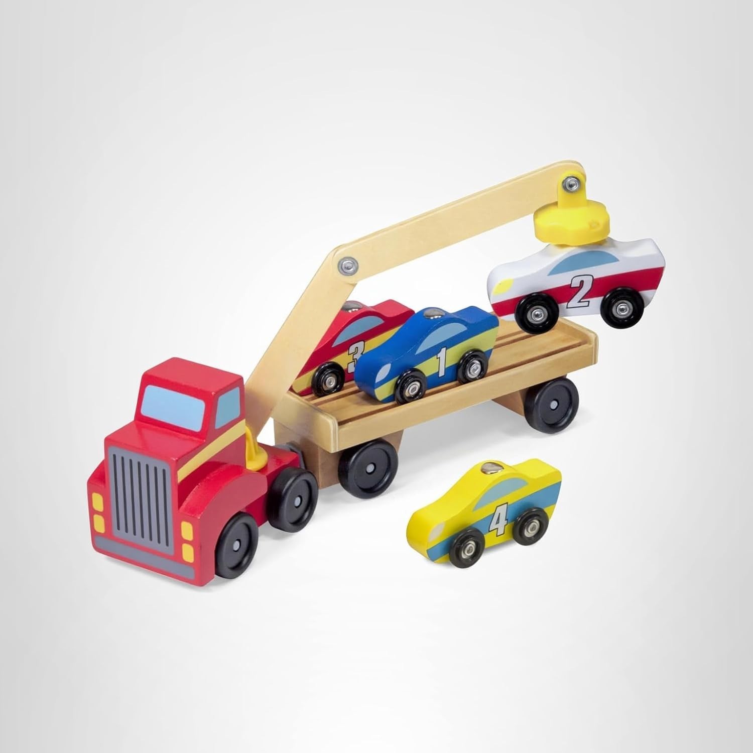 Melissa & Doug Magnetic Car Loader Wooden Toy Set Semi Crane with 4 Cars