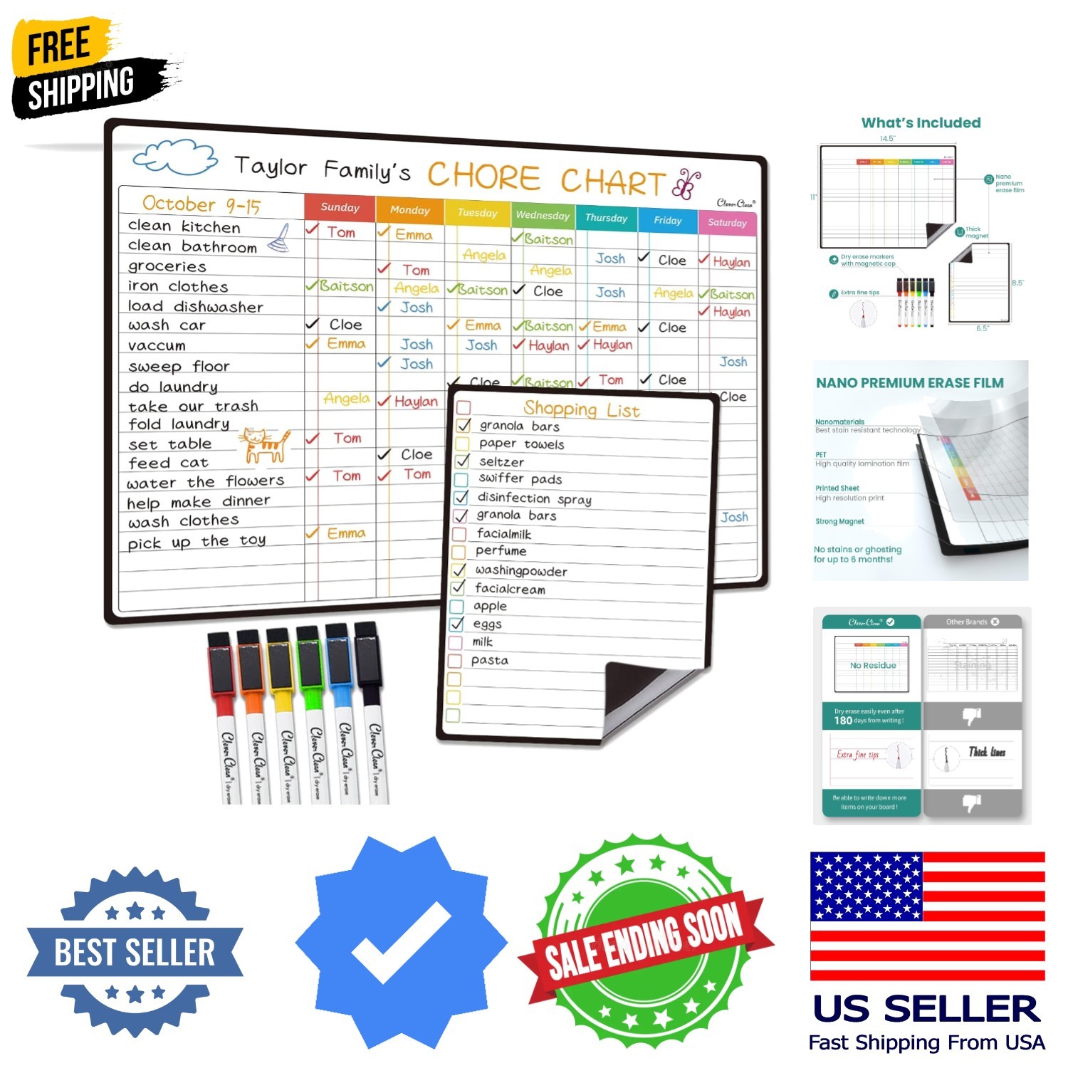 Magnetic Dry Erase Chore Chart – 14.5″x11″ Chore Chart for Kids, Teens and Ad…