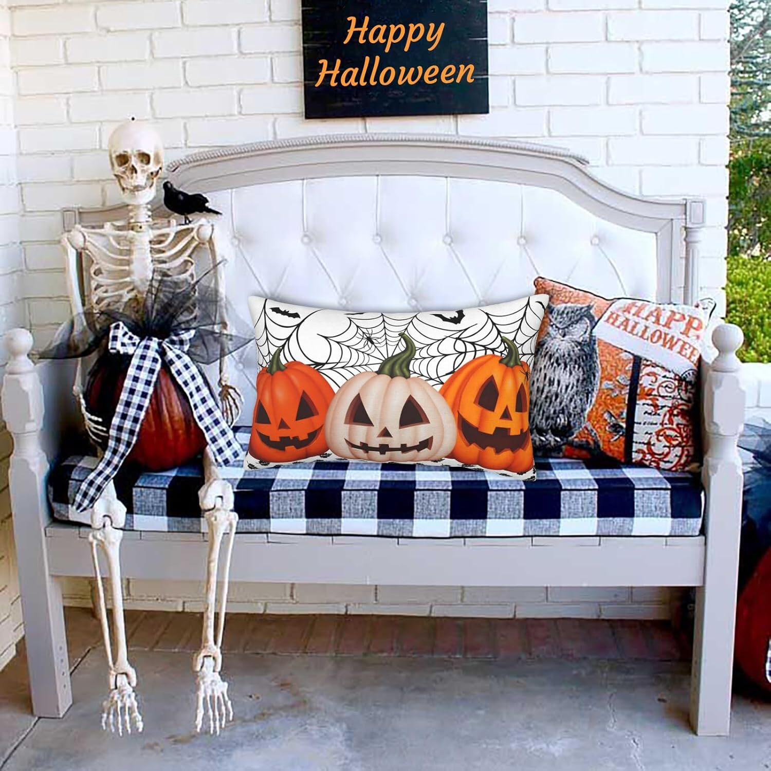 Halloween Lumbar Pillow Cover 12×20 Inches Pumpkin Bat Spider Web Throw Lumbar