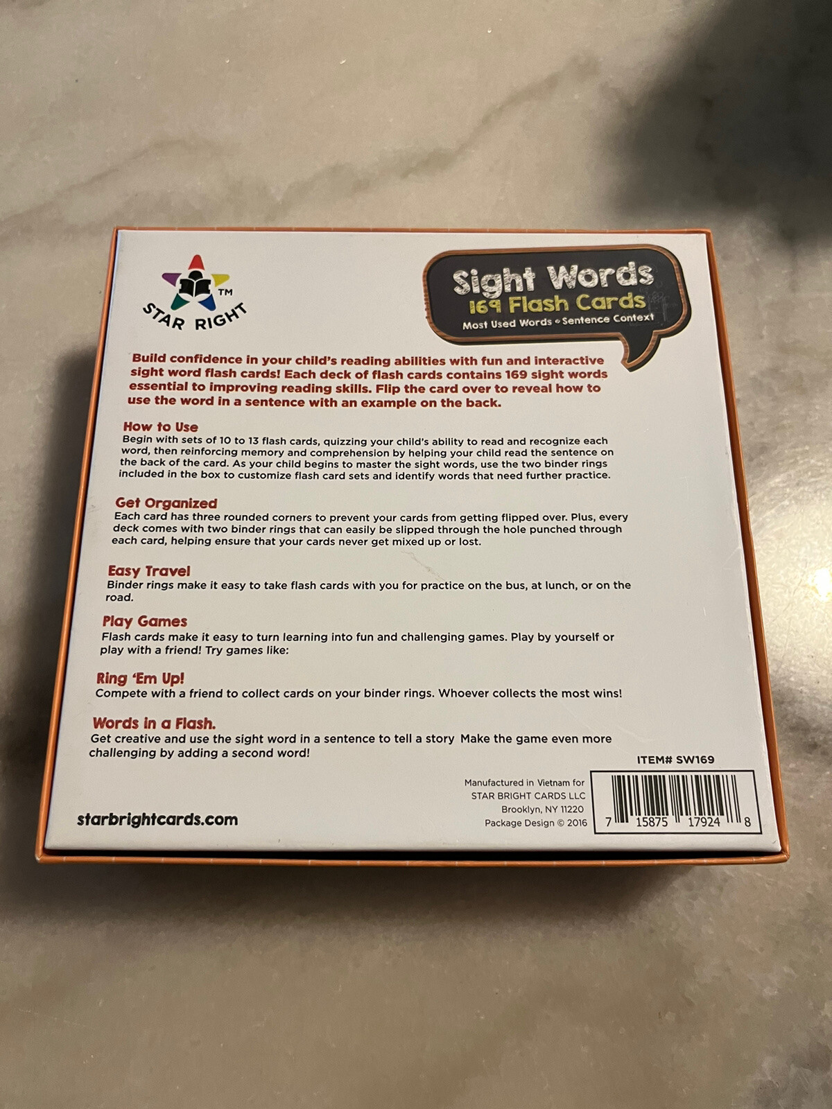 STAR RIGHT Education – 169 Sight Words & Sentences Flash Cards,with 2 Rings -NEW