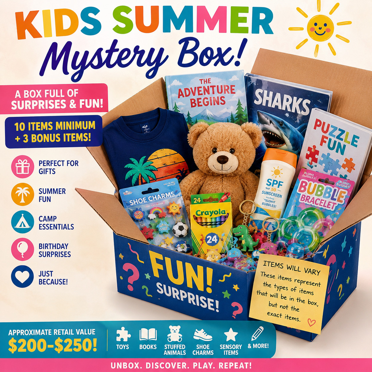 Kids Blind Box Summer Surprise Bundle Toys Books Puzzles Plush Fun Ages 4-9