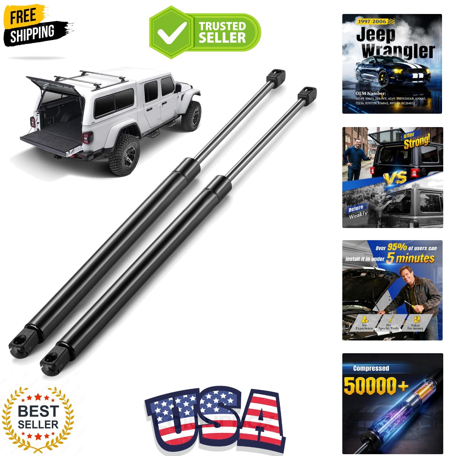 Rear Window Struts for Jeep Wrangler TJ 1997-2006, AVM 16403 Rear Back Glass …