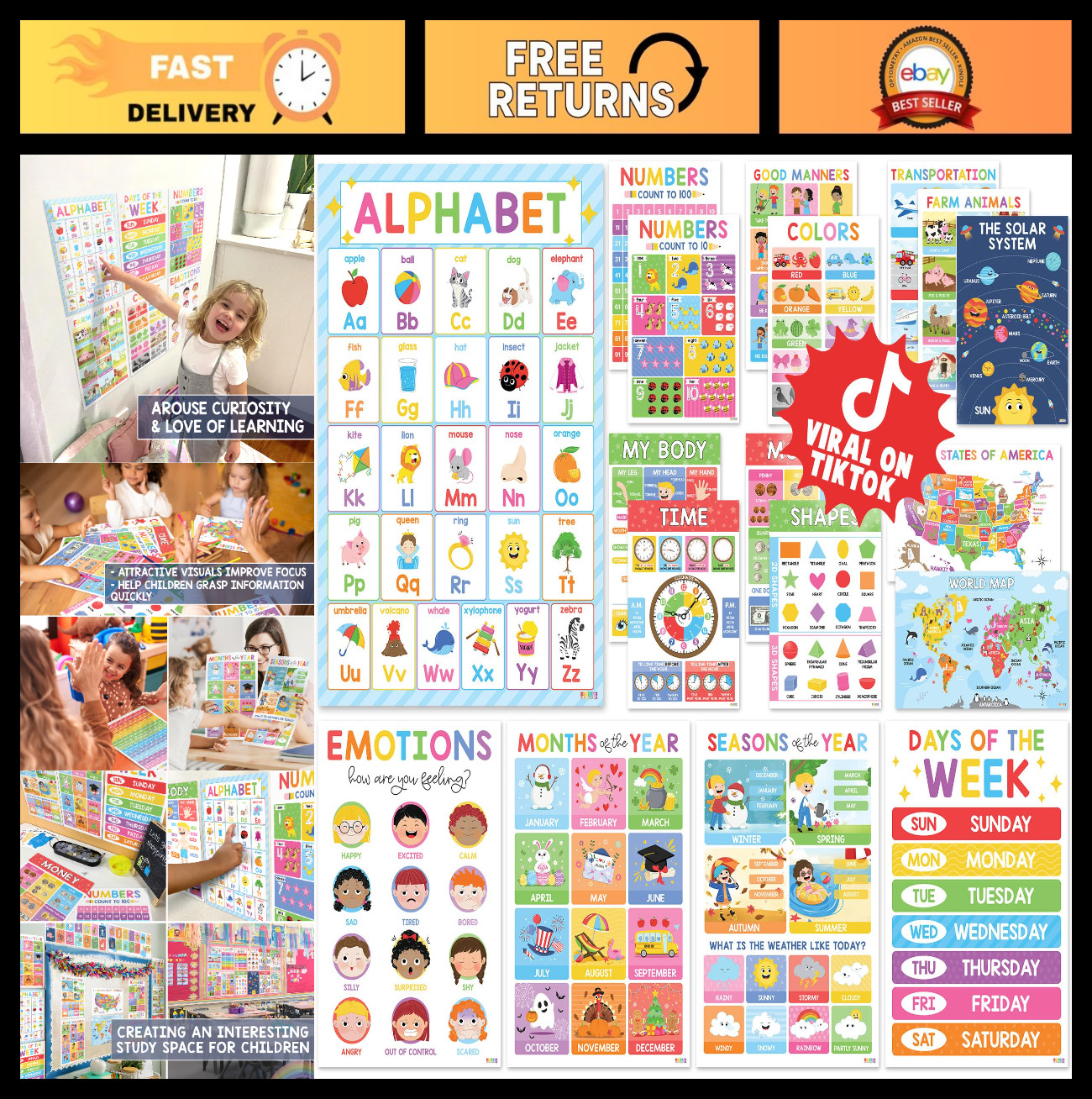 18 Laminated Educational Posters for Toddlers – Preschool Classroom Decor, Alpha