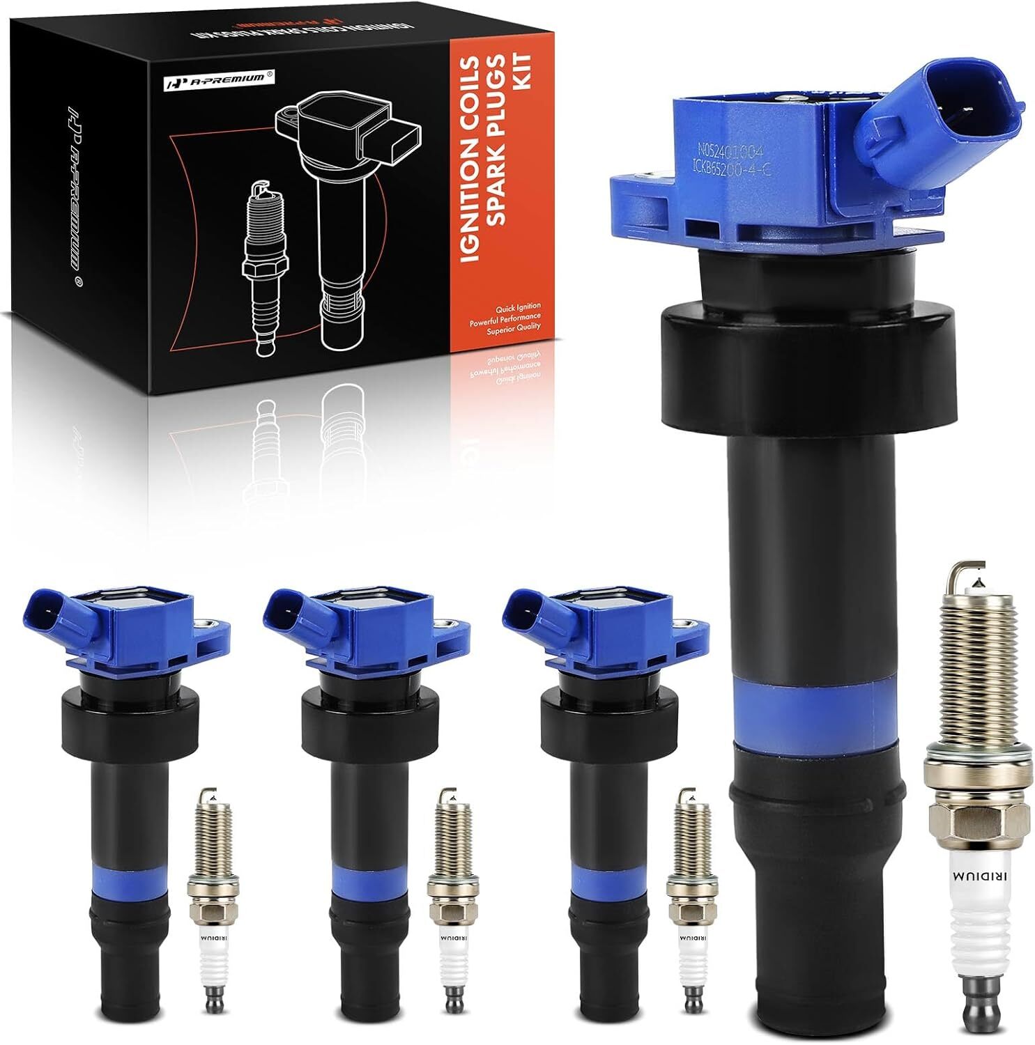 (Blue) Set of 4 Ignition Coil Pack and Iridium Spark Plugs Compatible w/ Kia APM