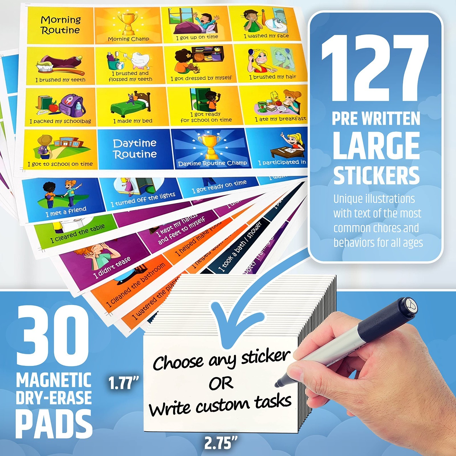 Magnetic Reward Chart for Kids – 127 Stickers & 30 Customizable Chores – Potty T