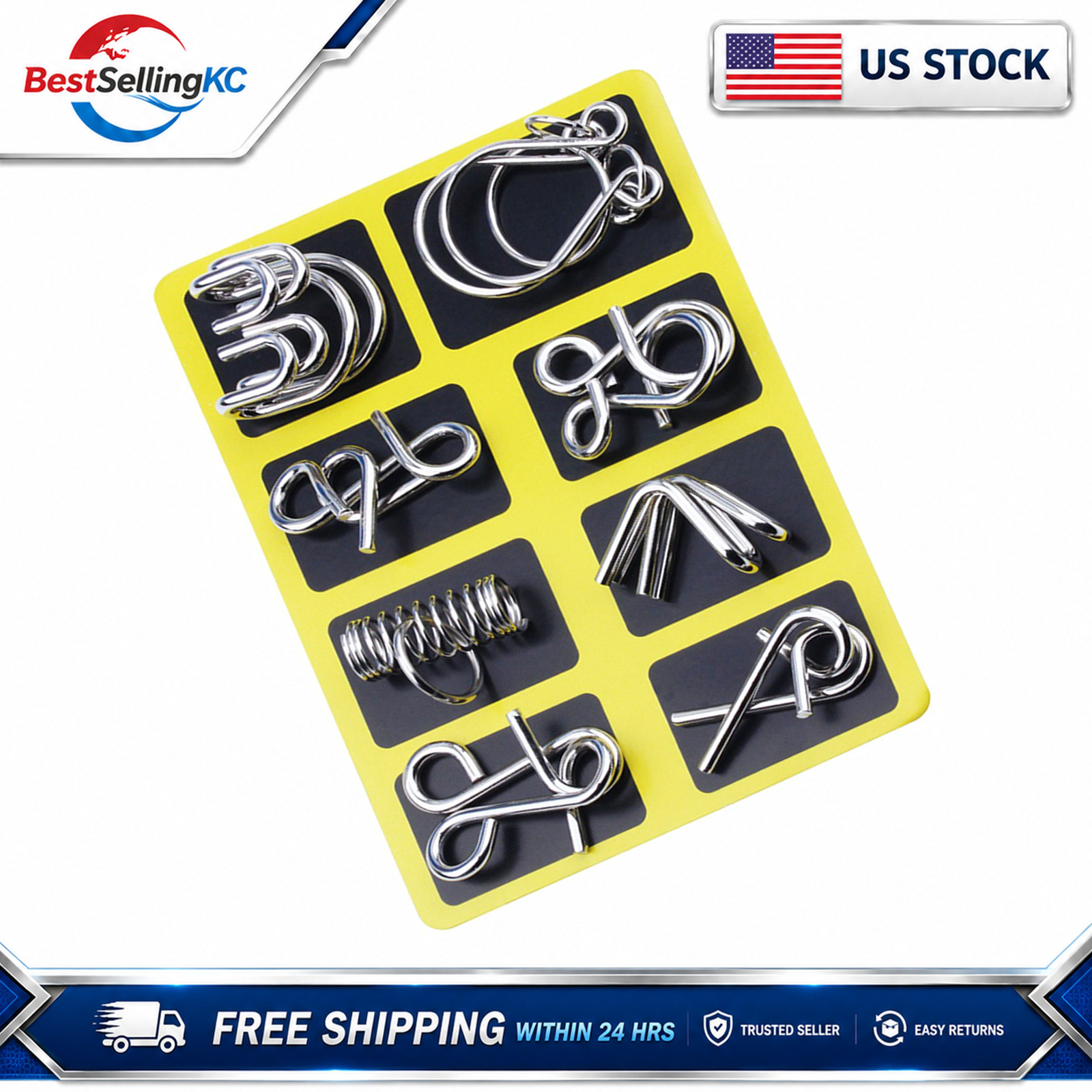 8PCS Yellow Metal Wire Puzzle Brain Teaser Nine Linked Rings Toy