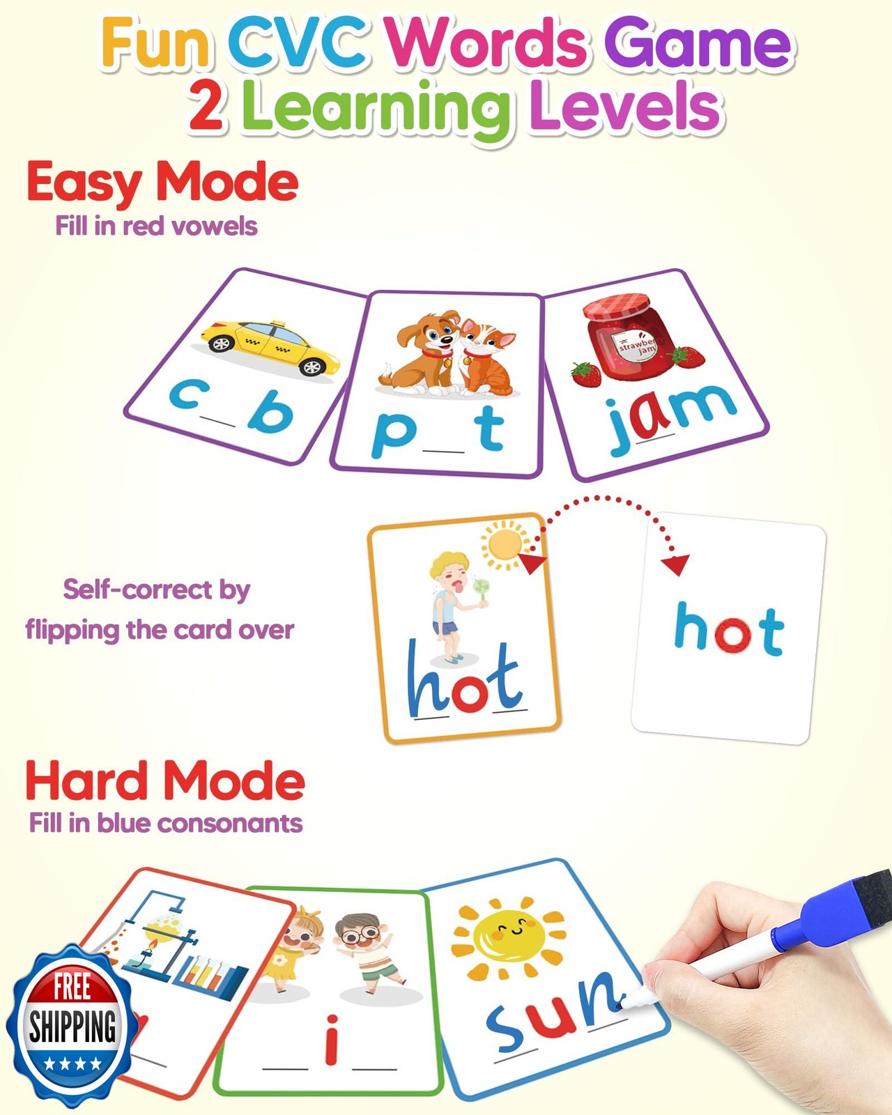 Gojmzo CVC Word Writing and Spelling Flash Cards, Preschool Learn