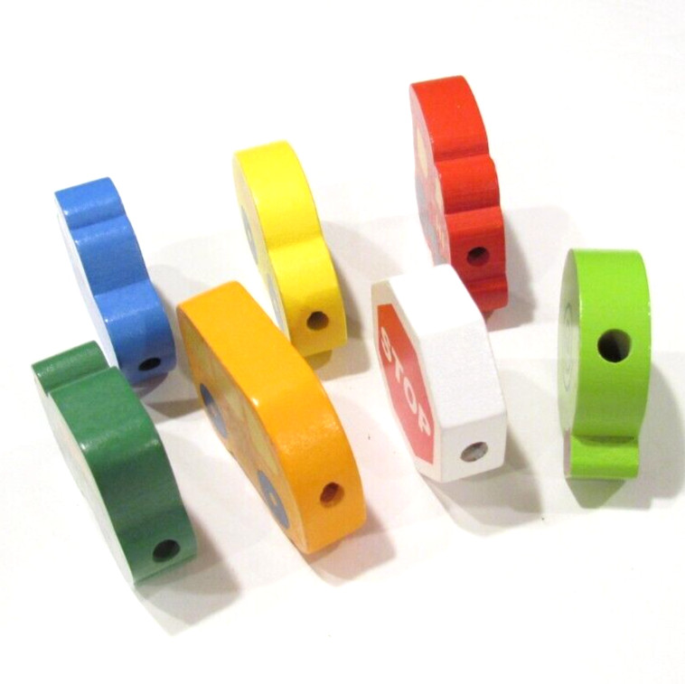Lot of 7 Colorful Wooden Beads Bus Train Car Tree Stop Sign Tractor Boat / Ship