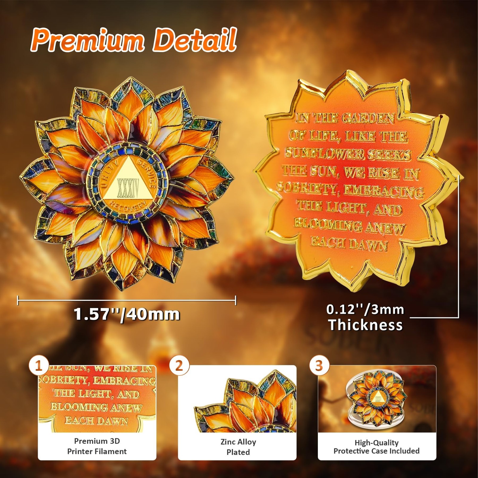 Sunflower 34 Year Sobriety Coin – Colorful Glass Broken and Rebuilt AA Coins …